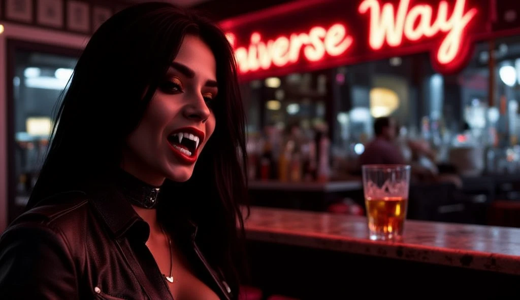 Vampyfangs1. A black haired vampire woman with fangs sits on a red couch drinking a red cocktail. She's at a red themed bar. Dramatic lighting. Noir.