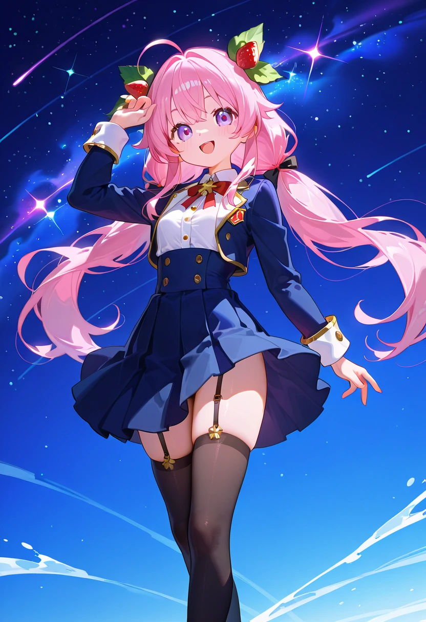 Uptown girl has pink hair with a white streak in her hair. She has a cute bow on her under clothes. She also has dark blue eyes with light blue eye shadow. She has tights with socks. Her outfit has a jacket that is blue gold and black. Her skirt has the same colors as her jacket. She has a belt with a purse on it. She has high heals that are blue, black, and gold. SPARKLE; GLITTER
