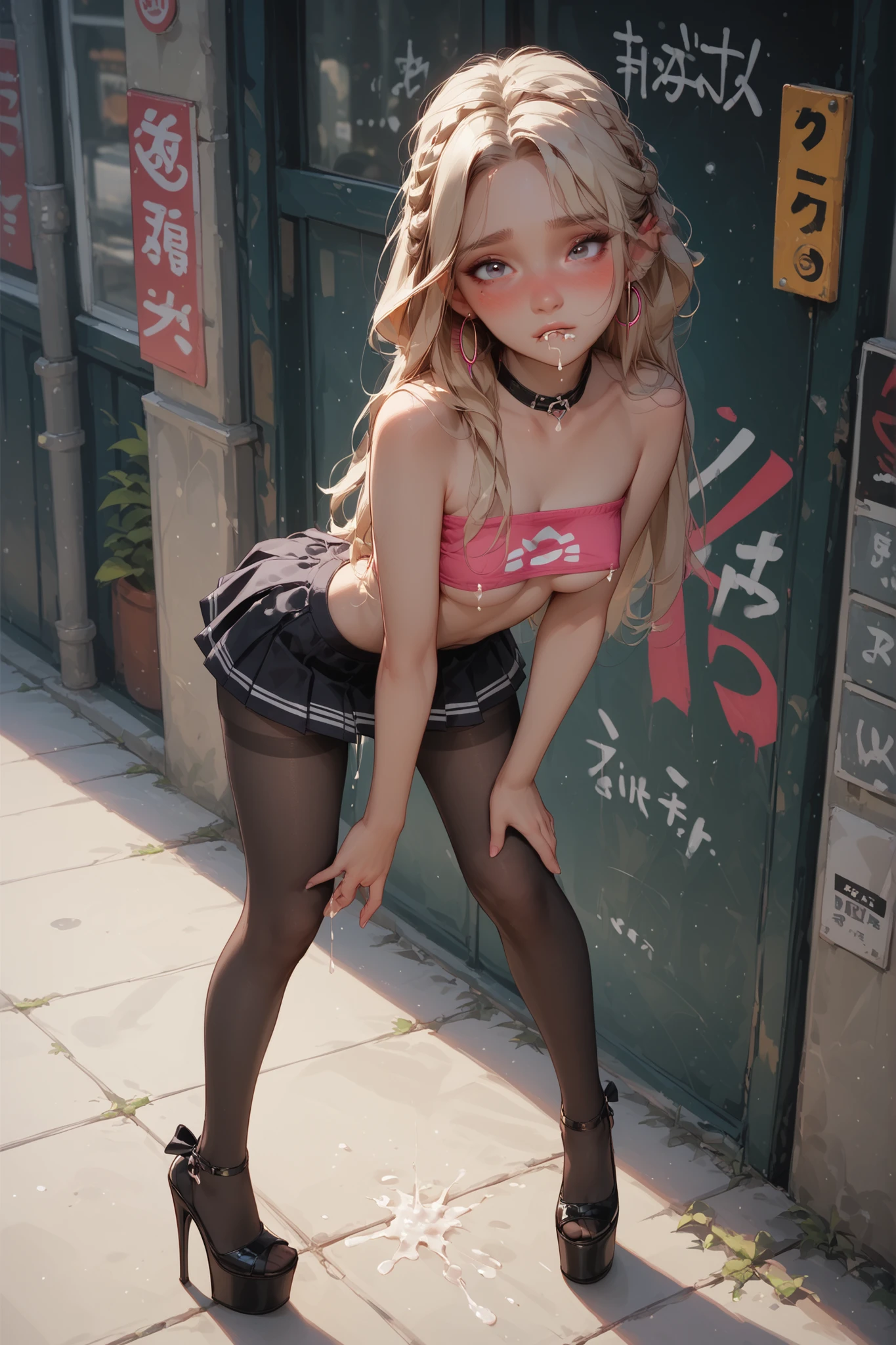 very very young slender petite little innocent blonde anime girl  with small size breasts dark black eye shadow and large hoop earrings wearing a neon pink tiny pleated cute micro skirt waist high very dark black pantyhose that go up to her waist wearing her thong is showing above her skirt a neon pink tube top  black platform high heels she is bending over looking slutty and cute、、、、(cum in pussy:1.4)　、、(Under boob、Elect under nipple:1.4)、
、WHITE color extra long thigh highs high-socksｎ。
