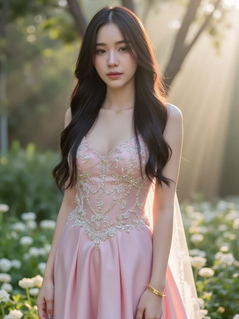 Story, The bride poses under a fairy tale, Sophisticated scene style, glitters, Orange, Realistic style, 8K,exposure blend, Medium shot, Bokeh, (hdr:1.4), High contrast, (Cinematic, Orange and white film), (pastel colour, dim colors, soothing tones:1.3), Low saturation, (ultra - detailed:1.2), (Nero:0.4)