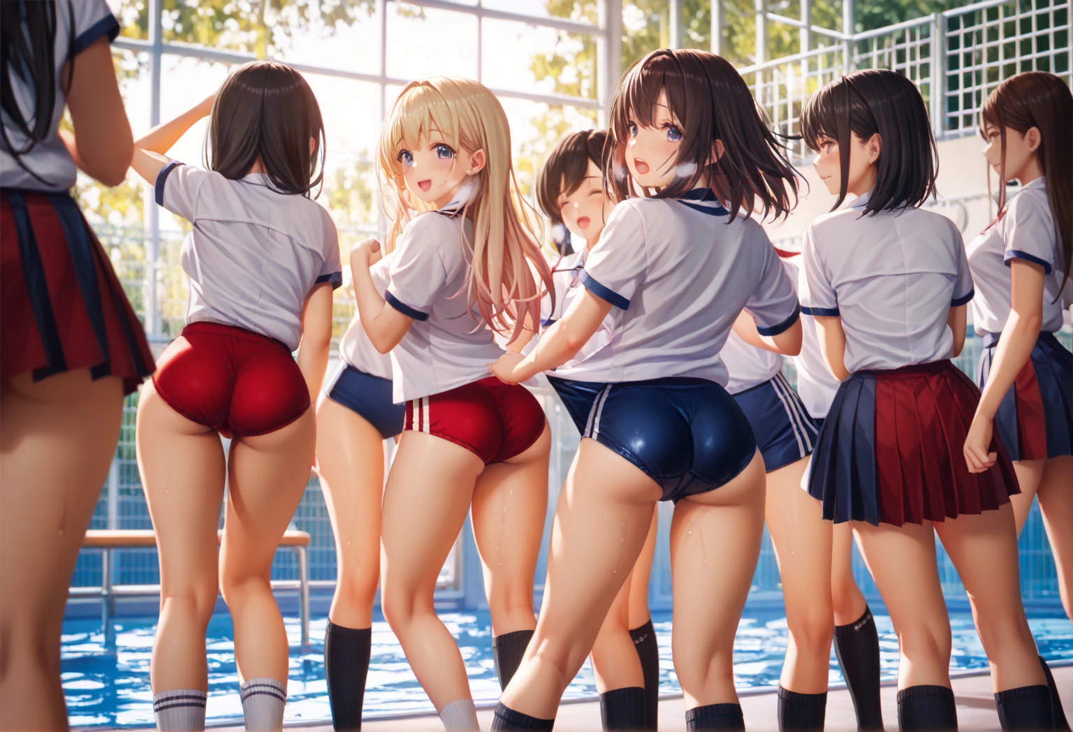 Texture CG, ((Ultra Detail Art)), ((​master piece)), (extremely details CG),Multiple girls,3girls,harem,standing,nsfw, school gals ,school gyaru ,((((school unifrom))),skirt ,(((pleated mini skirt)))), white shirt, school bag, bag , beautiful legs,(from behind:2.0),(from below:1.3), wind lift,((string panties),(white sexy panties)),long hair, blonde hair, brown hair, pink hair, silver hair, Curve, Beautiful detailed eyes , gleaming skin, bracelet, ,hair ornament, hairclip, jewelry, open mouth ,light smile, embarrassed:1.4,