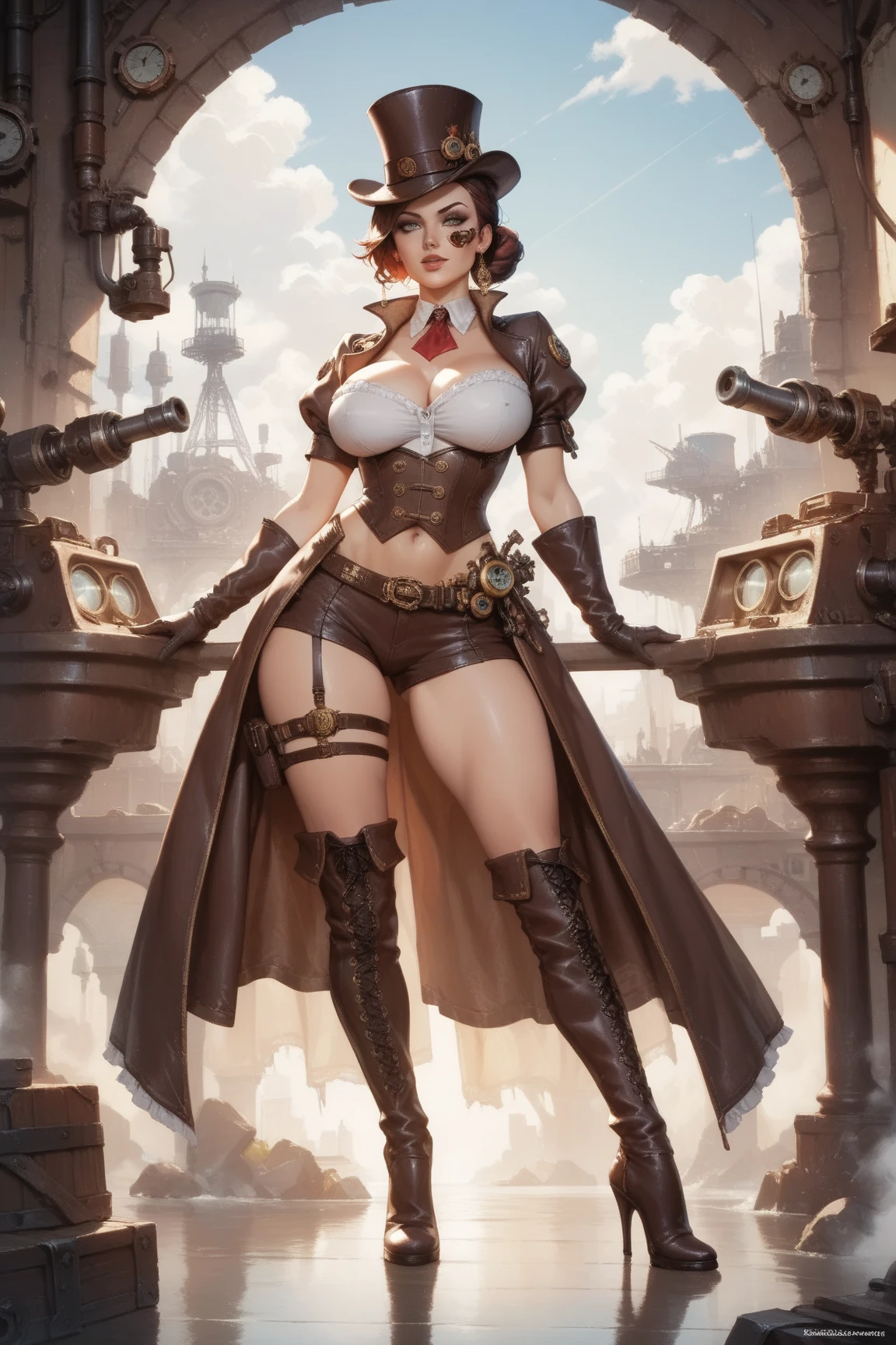 one woman in steampunk heating plant, Centre composition, red, red glasses, short pants, pin-up pose, sexy, dominant, erotic, sexy, pipes with valves