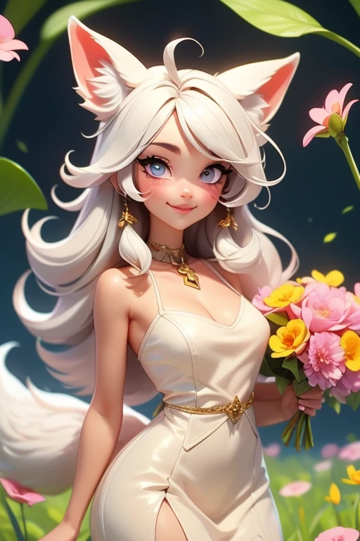 (Digital art, high quality, masterpiece, by Tom Fischbach), human-nora,, 1girl, solo, female, human, dragon humanoid, human nose, long hair(white colour), yellow eyes, horns, seductive face, wedding dress, looking into viewer, POV, flowers on background, sfw