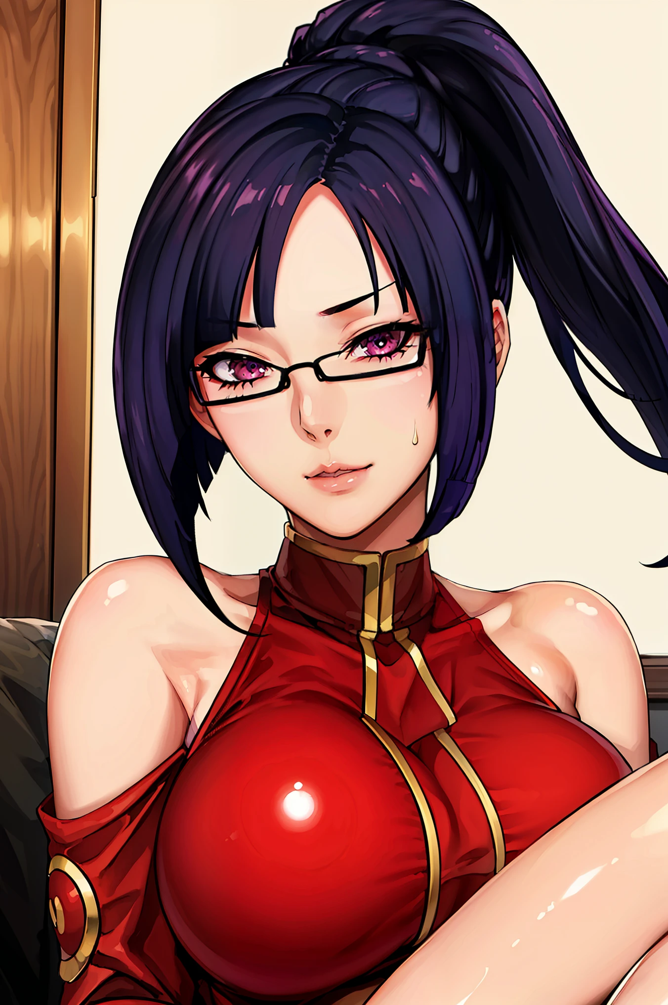 1 girl, masterpiece, the best quality, Medium shot panorama, split, (lactating:1.5), sitting on bed, (Face红:1.4), (white underwear), Half-rimmed glasses, black hair, very long hair, ponytail,Bangs,purple Eye, 1, 20 years,young women,beautiful Finger,beautiful long legs,beautiful body,beautiful Nose,beautiful character design, perfect Eye, perfect Face,expressive Eye,Perfect balance, looking at the audience,(Focus on the entire body), (Innocent_big deal_Eye:1.0), official art,Extremely detailed CG unified 8k wallpaper, perfect lighting,rich and colorful, bright_front_Face_light,shiny skin, (masterpiece:1.0),(the best_quality:1.0), 超high resolution,4K,Super detailed, photography, 8k, human development report, high resolution, ridiculous:1.2, Kodak Portrait 400, film grain, blurred background, Bokeh:1.2, lens flare, (energetic_color:1.2),Professional photos, (beautiful,big deal_breast:1.4), (beautiful_Face:1.5), Show the whole body,Red and white cheongsam,black lace bras,sexy thighs,thong,full body picture,spread legs,beautiful身体曲线,Feminine expression,Showmanship,Erotic lingerie