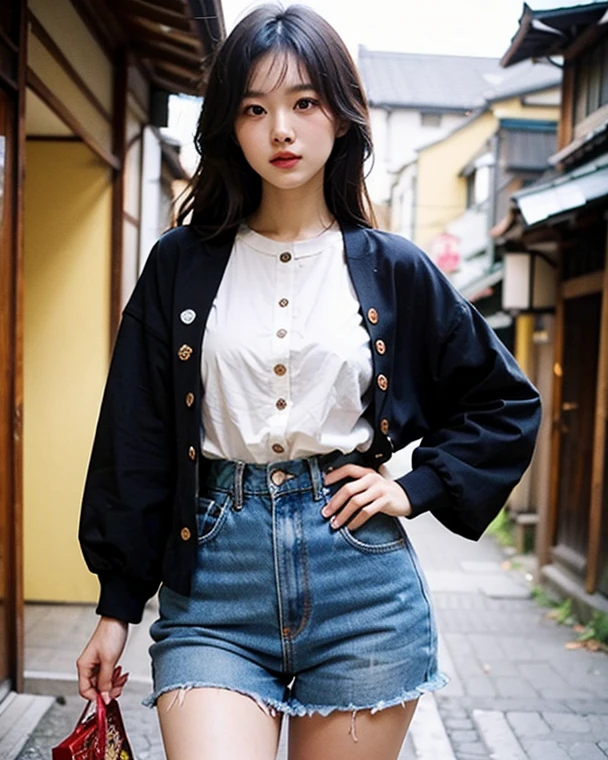 Single, delicate facial features, black hair, high ponytail, best picture quality, female, toothy smile, hair over the shoulder, over the sleeves, denim shorts