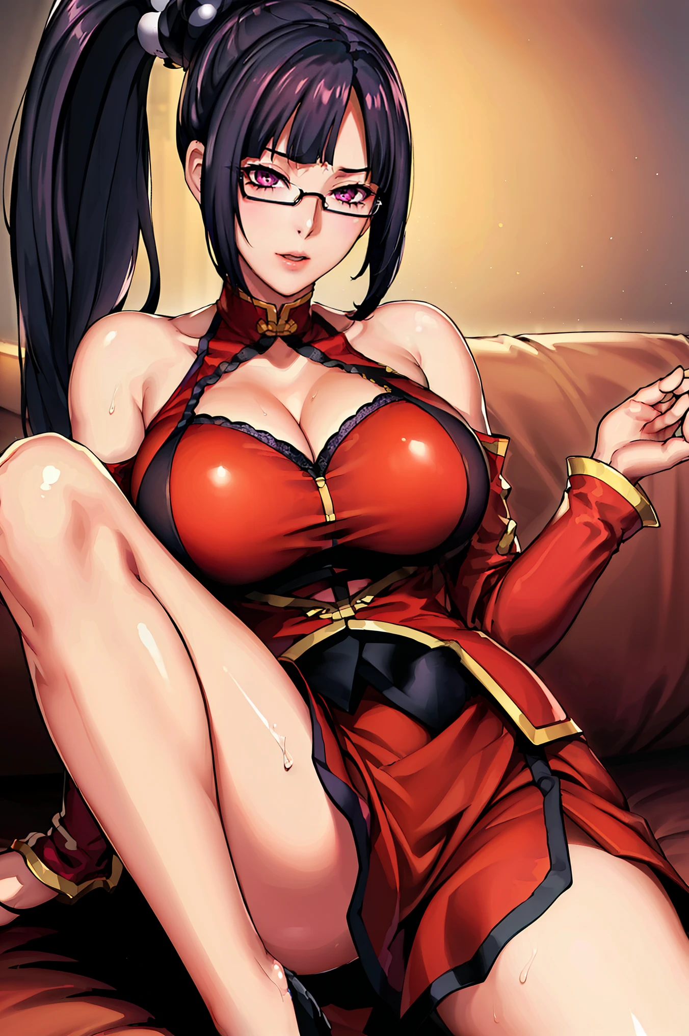 in a bathroom, Red dress, chinese clothes, cleavage cutout, Clothes Cutout, Bare shoulders, semi-rimless eyewear, Black hair, Very long hair, Ponytail,Bangs,Purple eyes, 1 girl, 20yr old,infp young woman,Beautiful Finger,Beautiful long legs,Beautiful body, Beautiful nose,Beautiful character design, Perfect eyes, Perfect face,Expressive eyes, Perfect balance, Looking at Viewer,(Focus on her face), Official art,Highly detailed CG Unity 8k wallpaper, Perfect Lighting,Colorful, Bright_front_Face_Lighting,White skin, (masutepiece:1.0),(best_quality:1.0), 超A high resolution,4K,Ultra-detailed, Photography, 8K, nffsw, hight resolution, absurderes:1.2, Kodak Portra 400, Film grain, Blurry background, Bokeh:1.2, Lens Flare, (Vibrant_Color:1.2),professional photograpy, (Beautiful,Huge_breasts:1.4), (Beautiful_Face:1.5),(narrow_waist),semi-rimless eyewear, Black hair, Very long hair, Ponytail,Bangs,Purple eyes,