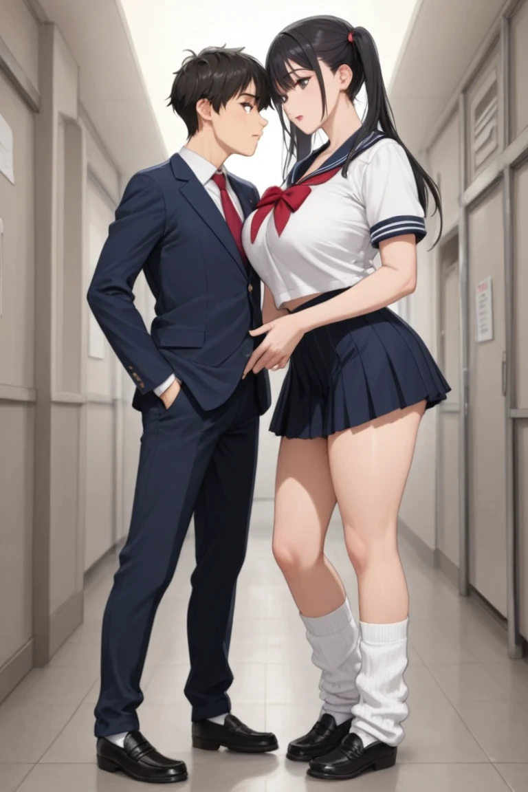 (masterpiece:1.4),on the train,(1boy people:1.9),(1man:1.7),1girl,(man whispers to girl:1.9),( man is touching girl's white panties:1.9)、(A man is touching girl's crotch:1.9),student clothes、standing,on the train、a man lifts a woman's skirt,man touching the crotch of girl、gairl is 15 years old,short twintails,man is 50 years old,man is suit,man is short hair,red blush,red tie,serafuku,Dark blue pleated skirt,(skinny:1.0),tikan,