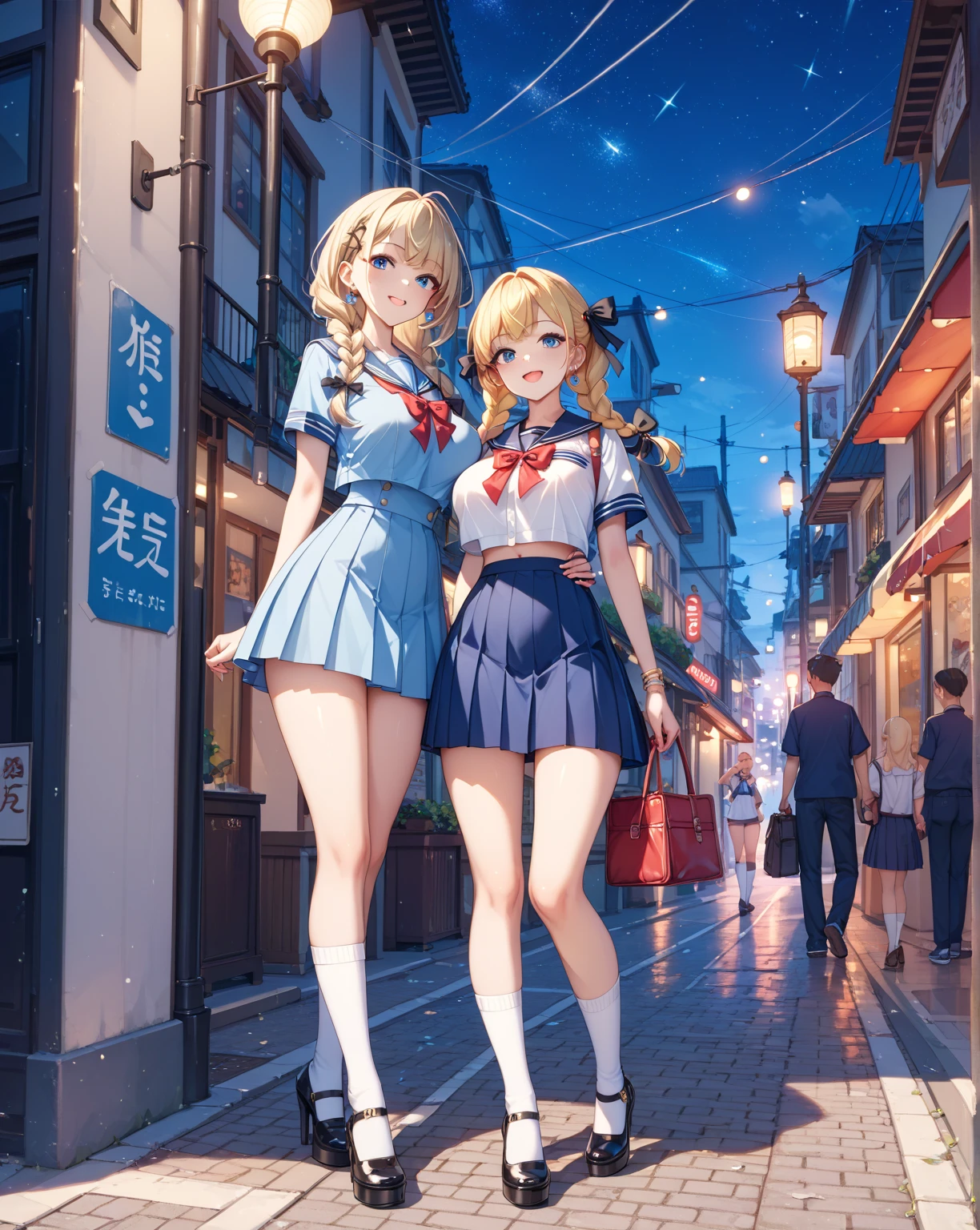(masterpiece:1.3, highest quality, ultra high resolution, super detailed), (realistic:1.1, photorealistic:1.4), beautiful illustrations, perfect lighting, colorful, Depth of the bounds written, 
beautiful fine hair, beautiful and detailed face, detailed and beautiful eyes, beautiful clavicle, beautiful body, beautiful breasts, beautiful thighs, beautiful feet, beautiful fingers, 
looking at the viewer, 1 girl, Japanese, high school girl, perfect face, (perfect ???????, anatomically correct), Cute symmetrical face, baby face, sunburn, shiny skin, 
(middle hair:1.5, twin tails:1.2, blonde hair), asymmetrical bangs, blue eyes, long eyelash, (medium breasts), thin, 
((collared short sleeve shirt, light blue shirt, , Grey plaid pleated skirt, navy them)), light blue panties, 
(beautiful scenery), evening, (outdoor, distant cityscape), Are standing, (peace sign), (cute smile, upper eye, open your mouth), surprised face:1.8、The wind is blowing:1.8