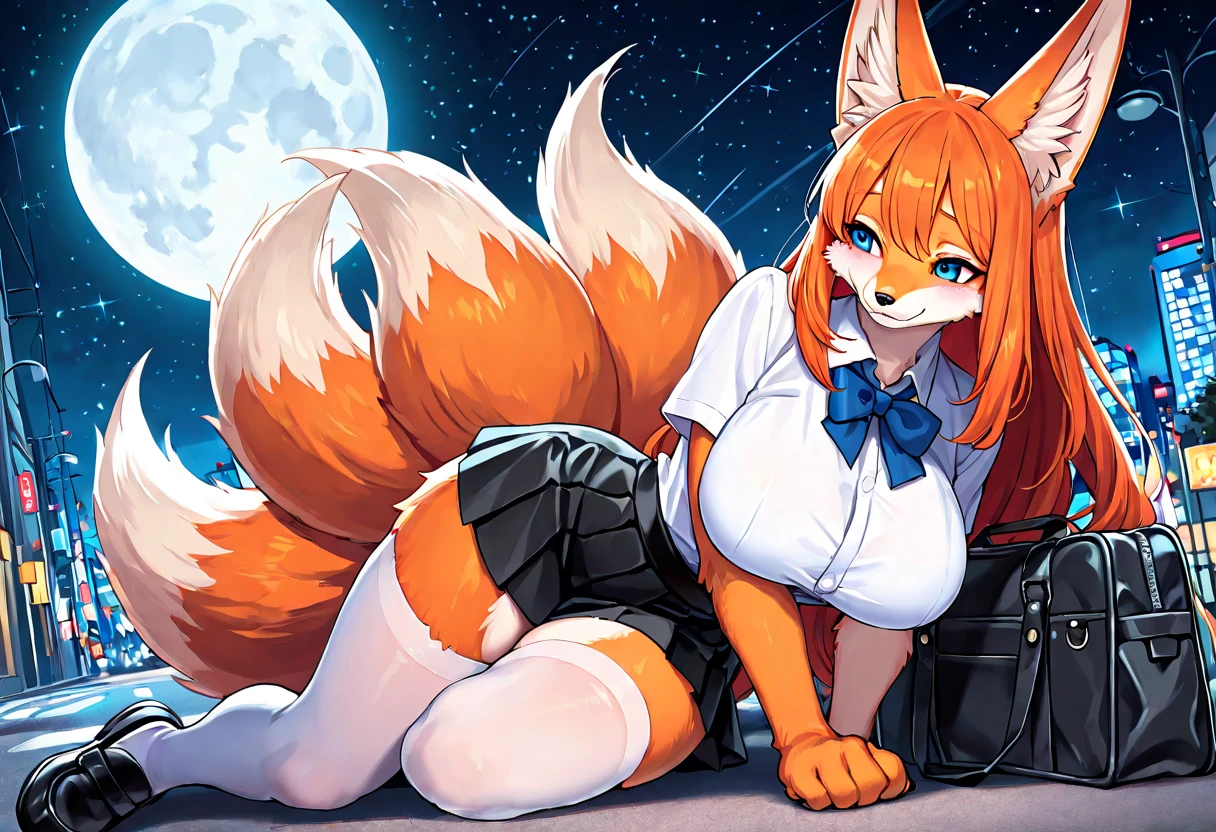 by fluff-kevlar, by ouka, by Kilinah, (((woman, breasts, antrum, extremely detailed, extremely detailed legs, extremely detailed arms, extremely detailed face, perfectly detailed eyes, perfectly detailed anatomy))): 1.2, beautiful and detailed portrait of an anthropomorphic vixen ((female))), anthro, female, red fox, high definition, good anatomy, orange fur, orange body, simple background, highly detailed face, deep yellow iris, yellow eyes, red hair, long hair, kitsune, multiple tails, dark lighting, moody lighting, full body, sexy body, slanky body, sexy face, nice, hot, cute, pawpads, paws, showing feet, magical levitating, night, half moon, stars, blushing, friendly smile, smile, friendly, elegant, dark, mysterious, alluring, beautiful, thigh highs, covered chest, black bra, purple yukata