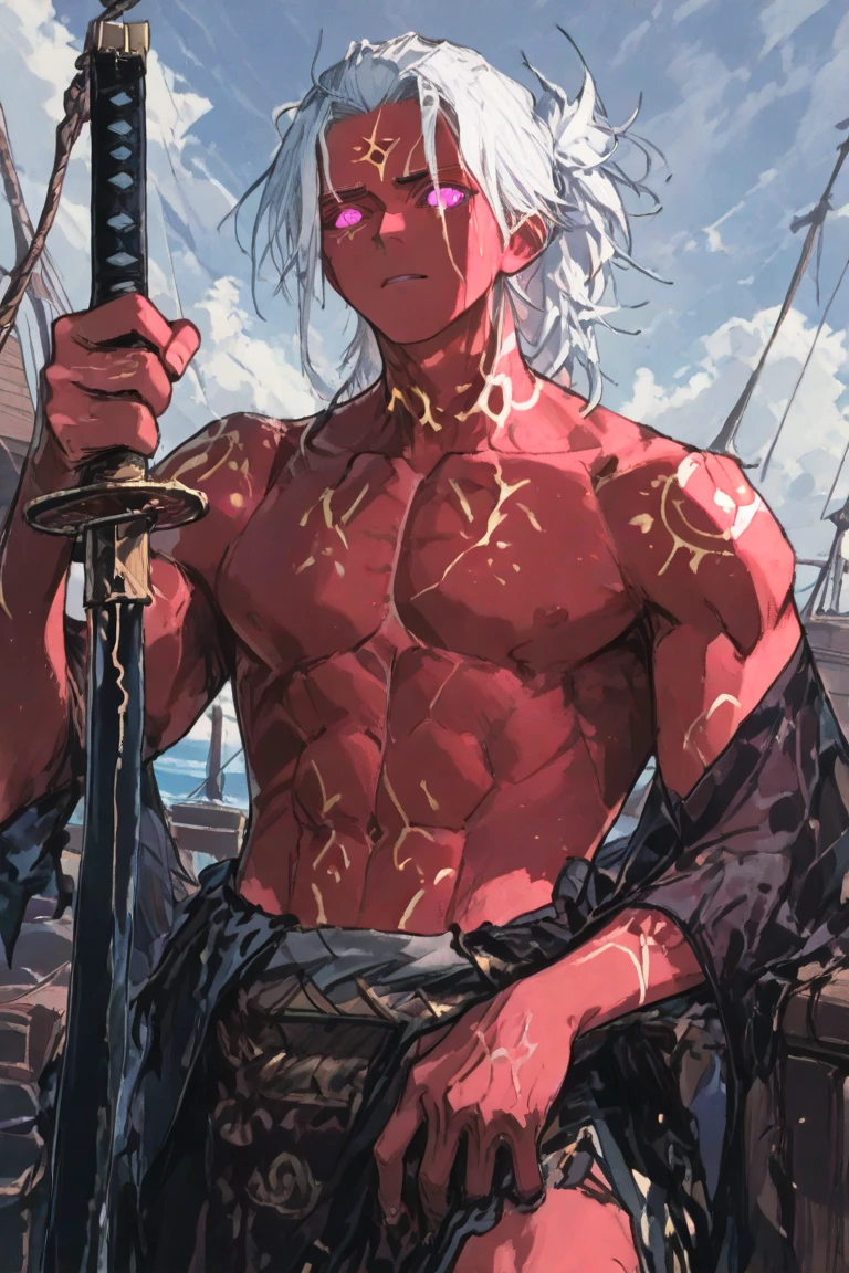 (highres,ultra-detailed),tall man with a large and strong physique,detailed face, detailed eyes,piercing eyes,short gray hair with a slight salt-and-pepper look,standing on a desolate beach surrounded by crashing waves,holding a blood-covered golden sword, blood dripping from its sharp edge,blood-soaked golden armor shining in the sunlight,muscular arms and veins bulging,with a fierce expression on his face,deep wrinkles hinting at a life filled with battles,strong and defined jawline,striking cheekbones,thick eyebrows furrowed with determination,a scar on his left cheek,highlighting his ruggedness and resilience,stands with a sense of power and confidence,overlooking a dystopian cityscape consumed by shadows and chaos,the sky painted in vibrant shades of orange and purple,casting an apocalyptic glow on his figure,a symbol of strength and protection in the midst of darkness and destruction.