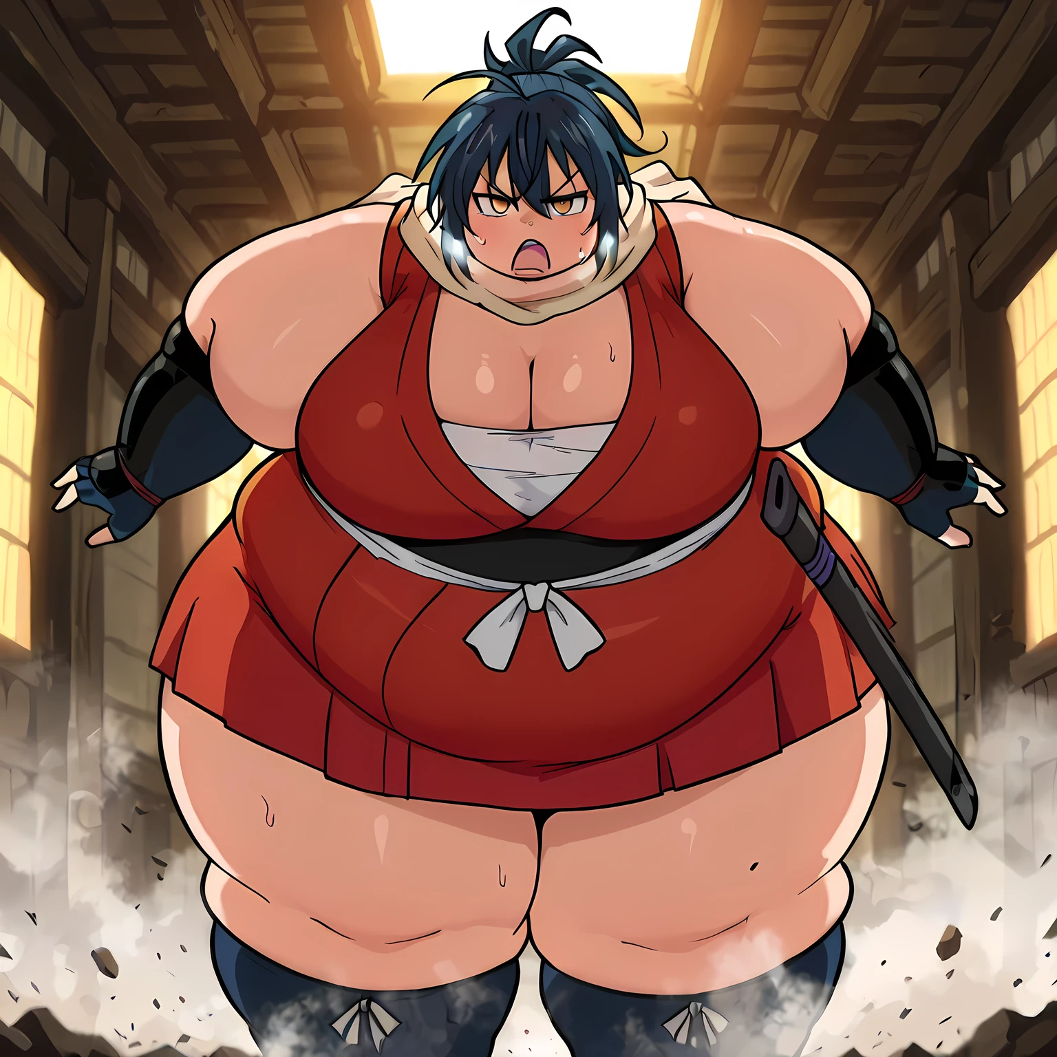 masterpiece, best quality, indoors, cinematic lighting, lens flare, flying debris, dust, smoke, amazing quality, very aesthetic, absurdres, best quality, newest, year 2023, Manyuu Chifusa, Main Outfit, solo, weapon, outdoors, sword, sheath, nature, angry, frown eyes, huge breasts, fat, chubby, obese, gigantic arms and legs, large breasts open mouth, out of breath