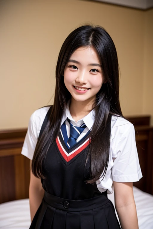 Real, highest quality, girl, high school girl, high resolution, natural skin, portrait, looking at camera, Photo_Light, {{}}, Ulzzang-6500-v1.1:0.8 Forward facing, upright, no makeup, inorganic white wall indoors In front of her, big eyes, student uniform, very cute, full body, smile, serious honor student, black hair, very neatly styled straight hair, toned abs, forehead sticking out, whole body facing forward.