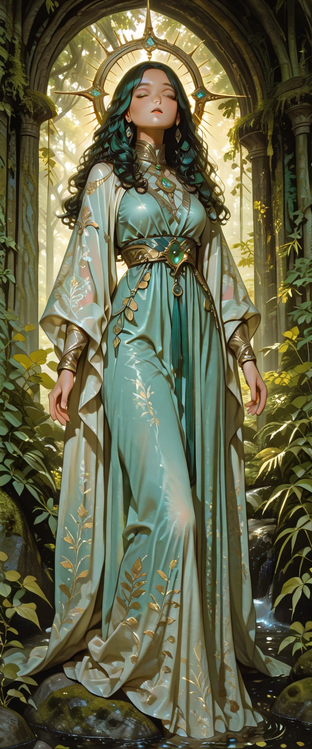 A Star Wars’s Jedi Grandmaster(Kate Mara, robes open down the middle, no underwear) in the style of Mark Demsteader, lush flower forest
