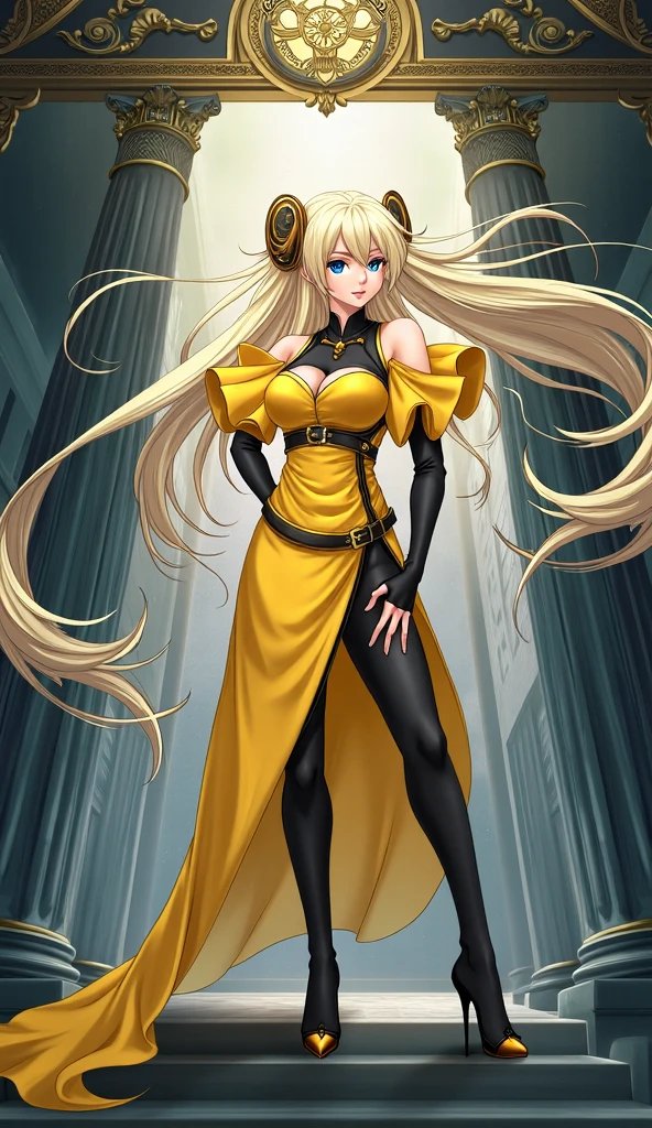Full body, beautiful yellow eyes, blush, cute face, (1 cute woman, solo: 1.1), lips, gigantic breasts, beautiful background, yellow hair, yellow dress, yellow elbow gloves, yellow high heel boots, naked shoulders