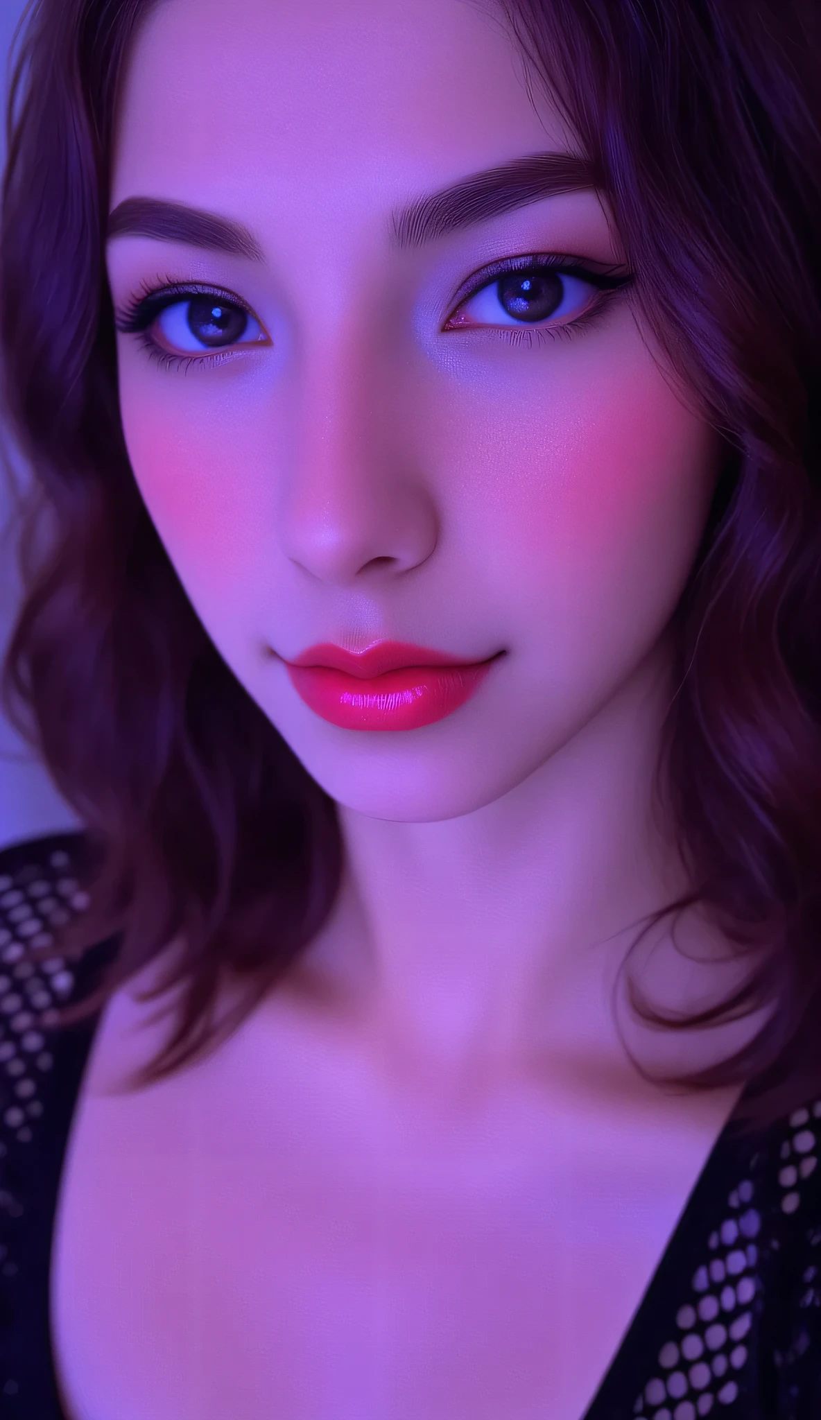 80’s glam rock makeup on shiny android face, anime, 2.5D, Glittery face, moody lighting, (purples, pinks, and blues), iridescent face, abstract ai model, pretty, sexy, minimal, sleek, slender, asian, elegant, chic, futuristic, retro, sophisticated half human half machine, close up face portrait,