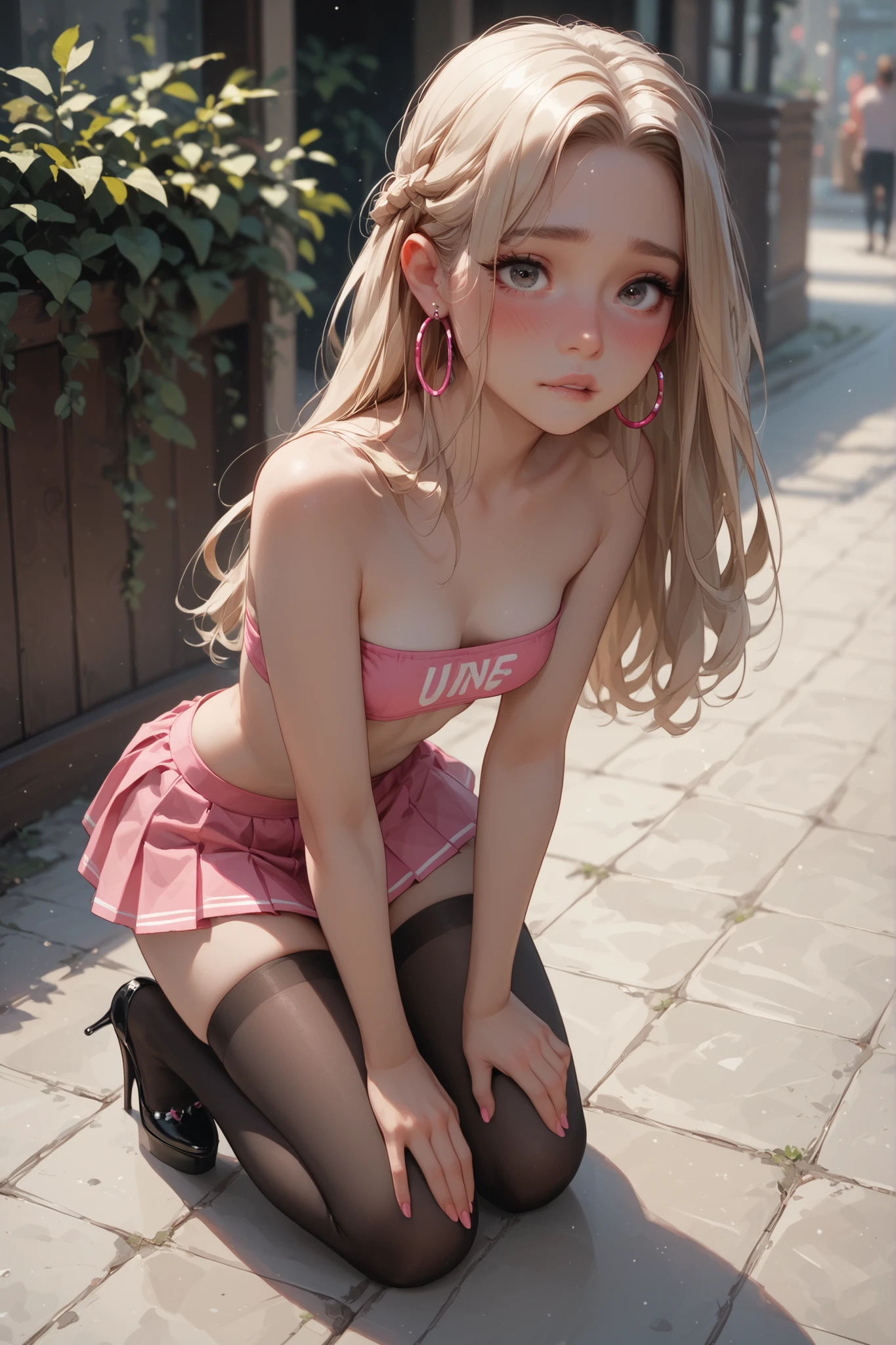 very very young slender petite little innocent blonde anime girl  with small size breasts dark black eye shadow and large hoop earrings wearing a neon pink tiny pleated cute micro skirt waist high very dark black pantyhose that go up to her waist wearing her thong is showing above her skirt a neon pink tube top  black platform high heels she is bending over looking slutty and cute、、、
、WHITE color extra long thigh highs high-socksｎ、