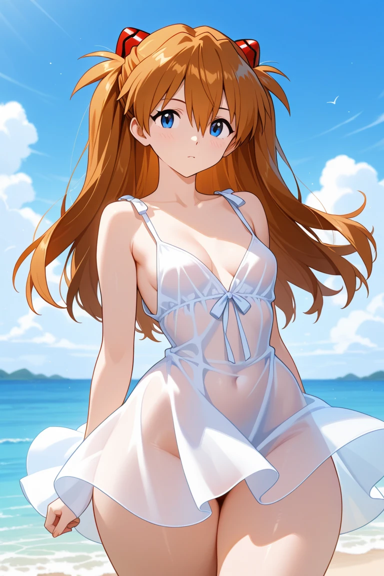 Shikinami Asuka Langley, Swimwear, Translucent jacket, Ultra mini skirt, Semi-transparent skirt, See-through costume,  Sweat, Panties, See-through nipples, Ocean, Sandy Beach