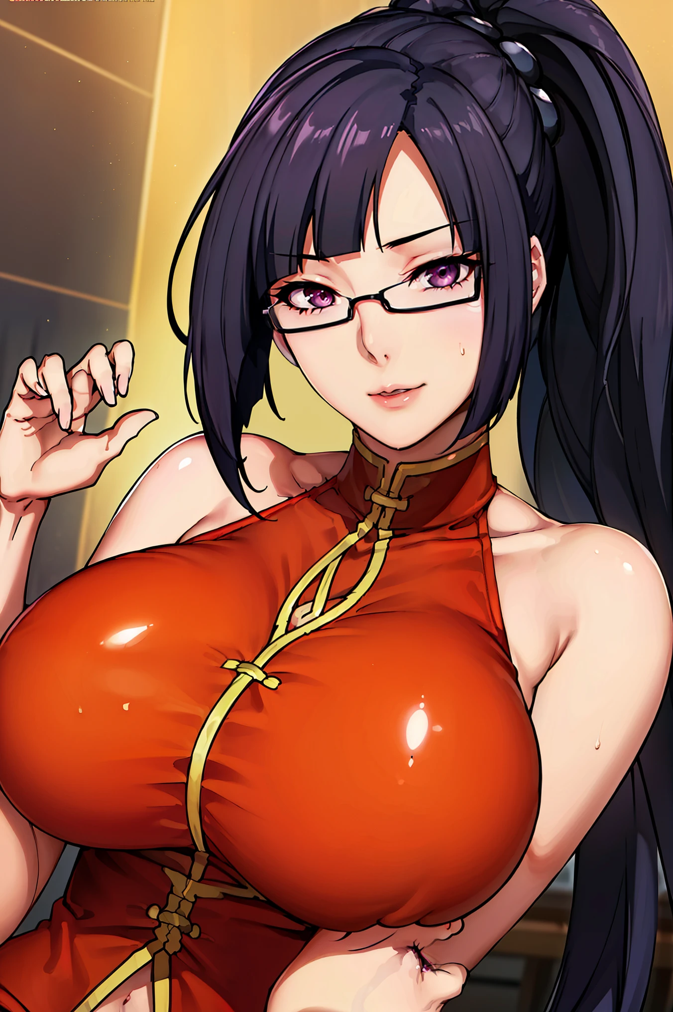 very tempting pose, sitting at toilet,(at toilet room), (toilet room background), Red dress, chinese clothes, cleavage cutout, clothing cutout, bare shoulders, semi-rimless eyewear, black hair, very long hair, ponytail,Bangs,purple eyes, 1 girl, 20yo,Young female,Beautiful Finger,Beautiful long legs,Beautiful body, Beautiful Nose,Beautiful character design, perfect eyes, perfect face,expressive eyes, perfect balance, looking at viewer,(Focus on her face), official art,extremely detailed CG unity 8k wallpaper, perfect lighting,Colorful, Bright_Front_face_Lighting,White skin, (masterpiece:1.0),(best_quality:1.0), ultra high res,4K,ultra-detailed, photography, 8K, HDR, highres, absurdres:1.2, Kodak portra 400, film grain, blurry background, bokeh:1.2, lens flare, (vibrant_color:1.2),professional photograph, (Beautiful,huge_Breasts:1.4), (beautiful_face:1.5),(narrow_waist)