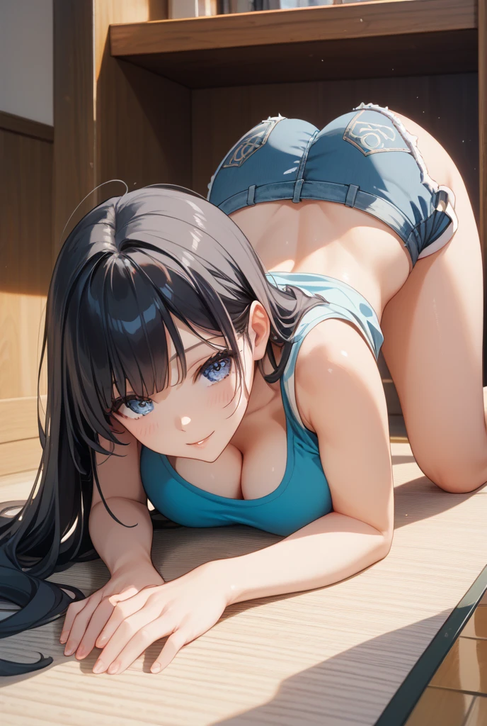 {{{NSFW and still show 1:5]]], R-18, masterpiece, one beautiful girl, 18 years old, JK, flesh-colored school swimsuit, squatting with M-shaped legs, back figure, emphasis on the buttocks, crotch crack, protruding pubic hair, thinning thighs,, shiny skin, water droplets, toilet, Japanese toilet bowl, troubled face, brown hair, princess cut, midium hair, bangs, anatomically correct body, put from head to toe in the frame,