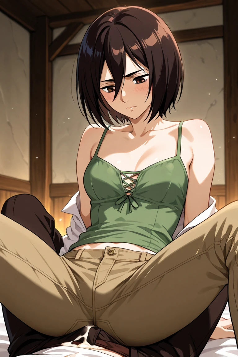((best quality)), ((masterpiece)), (detailed), perfect face, brown skin anime woman in a deep V-neck tied top, (bare shoulders), (jeans), starving, (resting hands on the stomach), (hands on the stomach), (slim woman), (smooth and shiny shoulders)