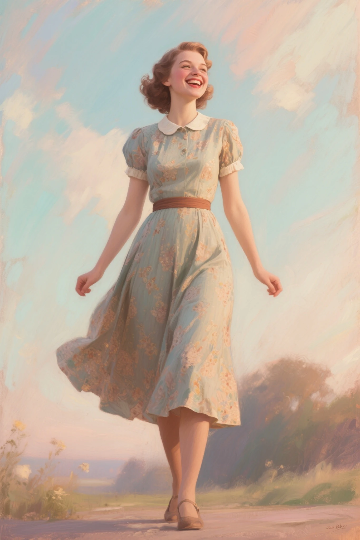 watercolor painting of a pale skin woman resembling Emma Watson, long wavy hair cascading down her shoulders, ((muscular body:1.1)), defined muscles in her arms and legs, large muscles accentuating her physique, huge breasts, wearing a short sundress, set against a softly blurred background featuring vibrant, classic elements in the style of Norman Rockwell, showcasing a blend of realism and artistic detail