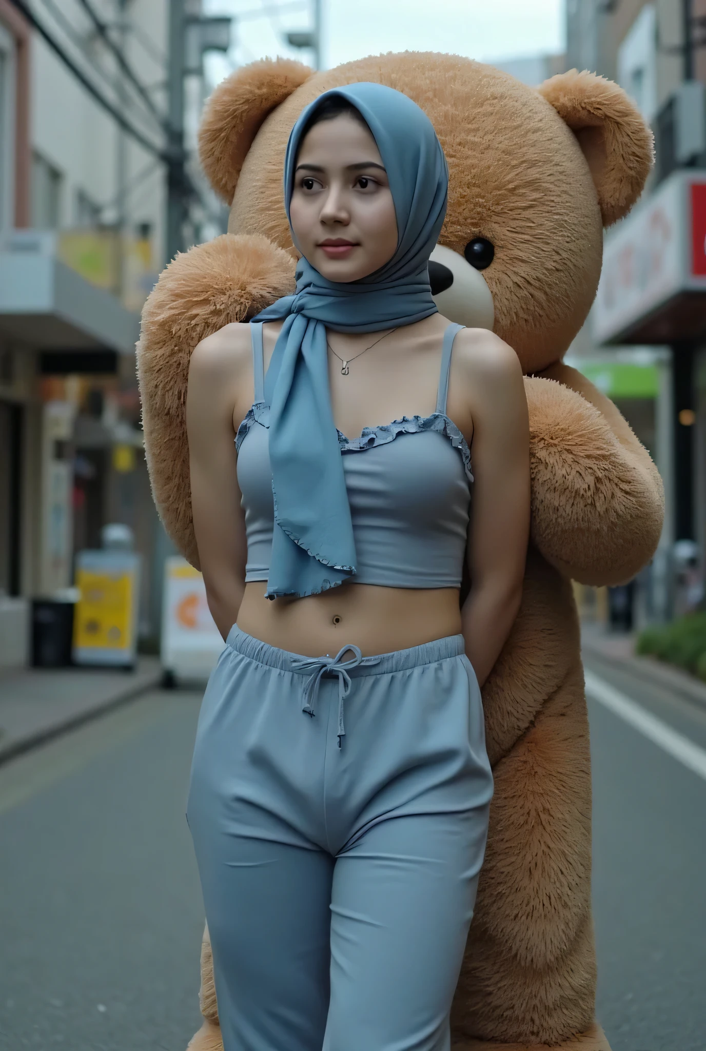 SMALL CUTE MALAY SCARF HIJAB GIRL, (realistic, photo-realistic:1.4), medium breast, wearing blue ruffle cropped singlet and oversize loose plain panties, ((medium NIPPLES)), (( TRANSPARENT )), ((TEARS)). KEDUA BELAH TANGAN DILETAK DIBELAKANG PUNGGUNG' Futanari long erect penis, background Di tengah Kota Yang sepi Di negara jepun, TEDDY BEAR SANGAT BESAR MEMELUK SAYA DARI ARAH BELAKANG