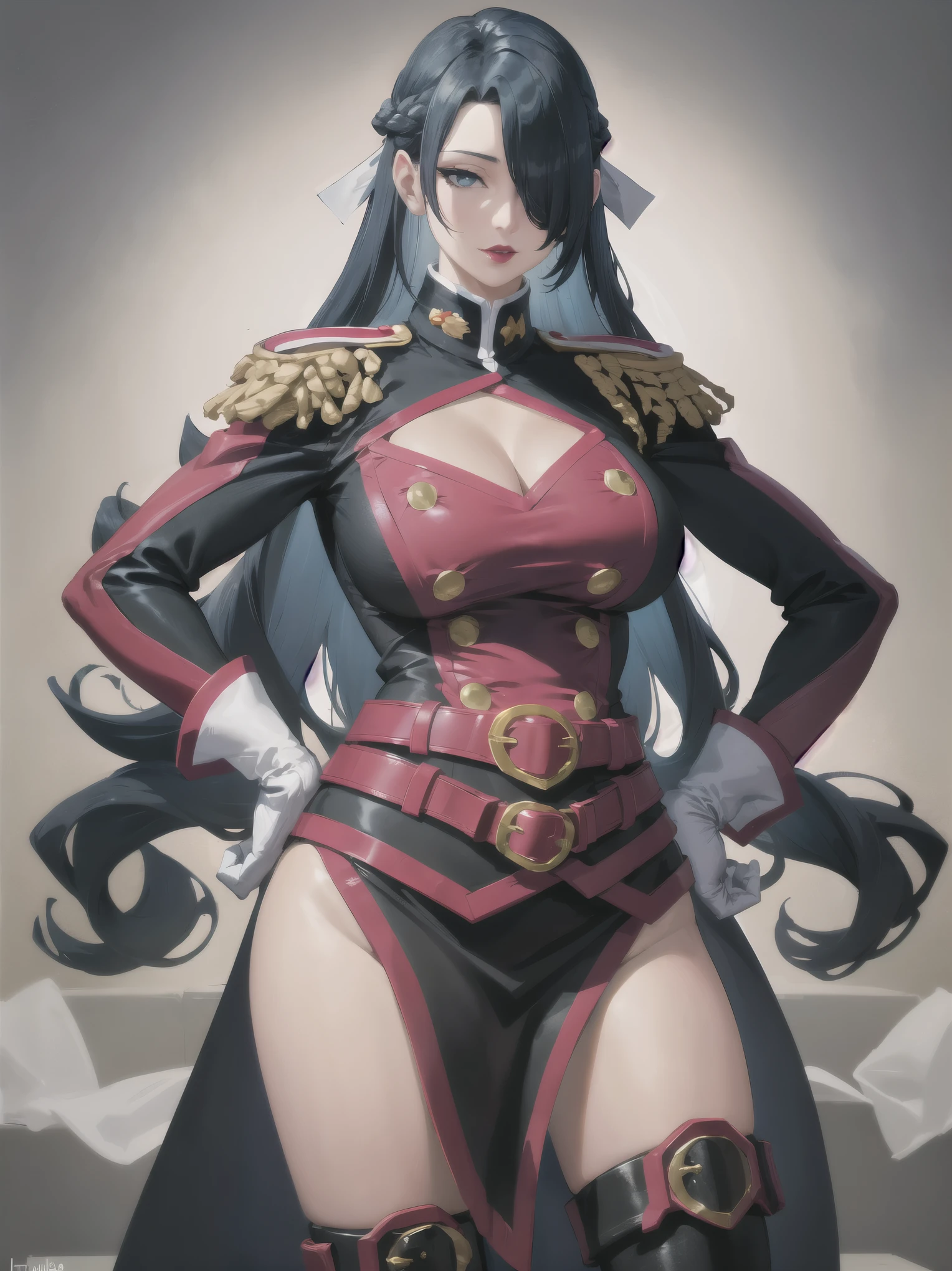 She is a very tall woman, thin and with long black hair that extends to her hips with strands of hair that frame her face, breasts big, raised head, blue eyes with voluminous eyelashes. Like most of the women in the series, she has a narrow waist. Its three measurements are: B111-W61-H91. She wears a revealing red blouse that shows a lot of her breasts and a loose skirt that exposes her long, slender legs., with the green symbol of a flower adorned on it, along with a white cape bearing epaulettes more commonly found on the jackets of senior Navy personnel, and red high heels. With all your clothes, she has been wearing a pair of gold earrings that resemble snakes and high heel shoes.