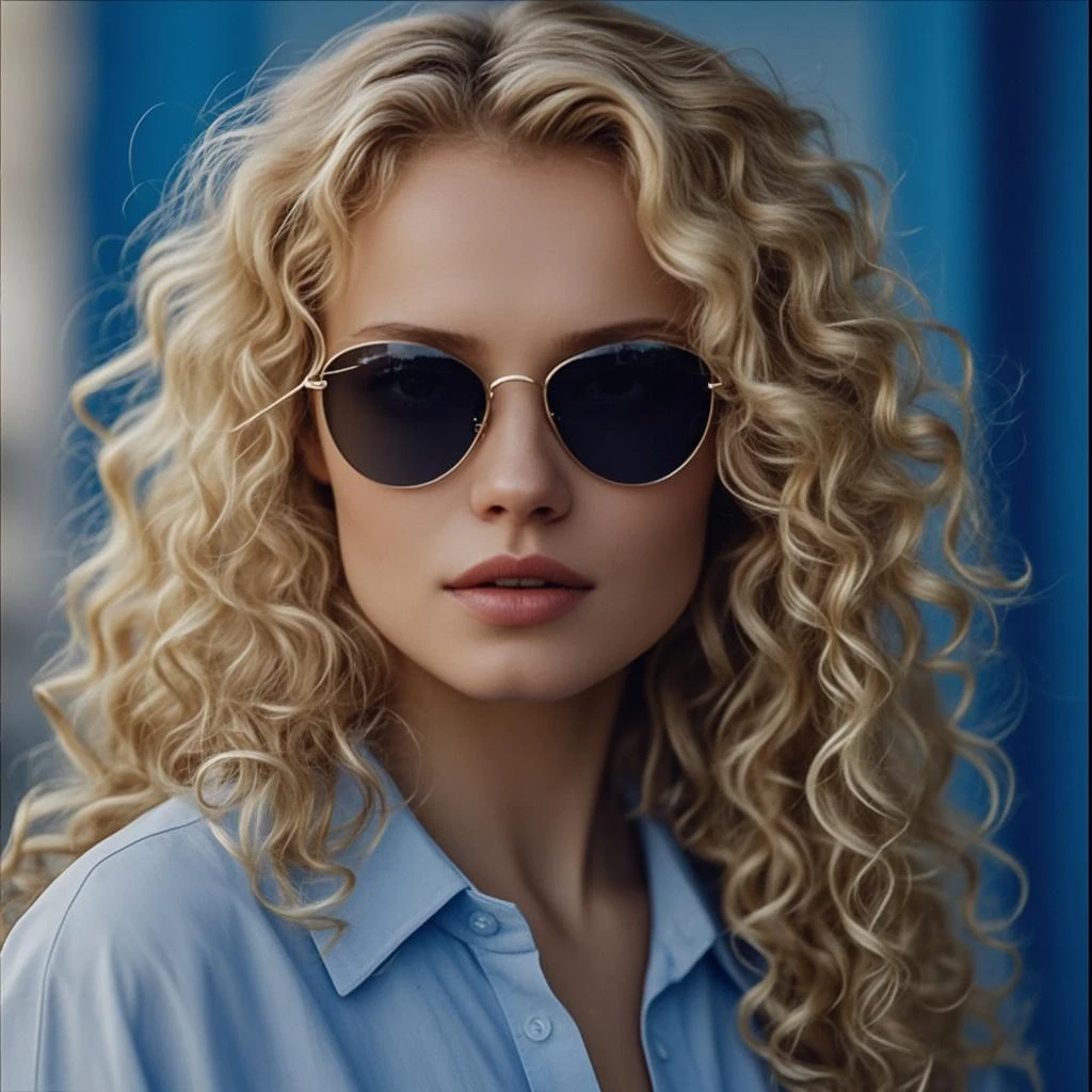 very attractive 25 year old with long very curly platinum blonde hair. (cinematic angle: 1.2), streetview,(1 girl, sunglasses, summer dress),(best quality, detailed details, masterpiece, official art, movie lighting effects, 4K),