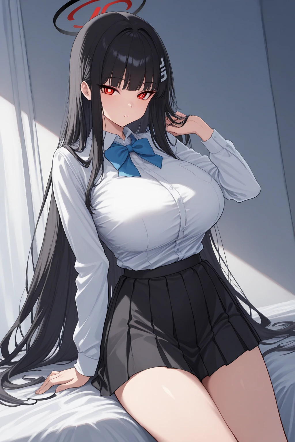 Italian girl, 25 years old, very long black hair, gigantic breasts, thin, wearing a completely torn white shirt and a black pleated miniskirt, black bra, school setting