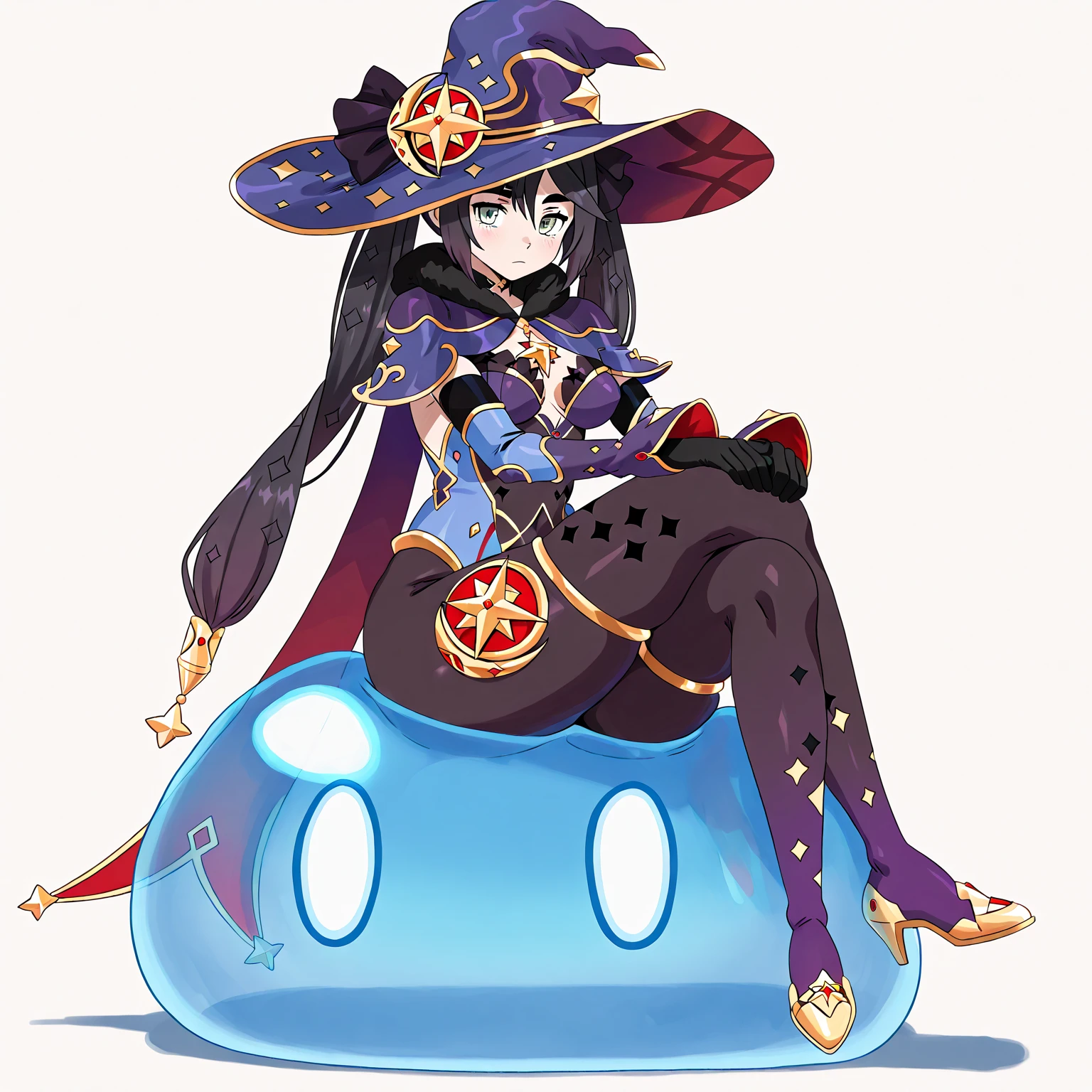 [mona_genshin], ((masterpiece)), ((HD)), ((high quality)), ((beautiful render art)), ((solo portrait)), ((full body)), ((front view)), ((cinematic lighting)), ((anime)), ((detailed shading)), ((intricate details)), {(slim body), (cute light blue eyes), short eyelashes, long indigo hair, (twintails), (beautiful defined legs), (blushing), (angry)}, {(blue leotard), (witch hat), (opaque pantyhose), (gold heels)}, {(squatting), (looking at viewer)}, [Background; (cosmic), (starry sky), (galaxy)]