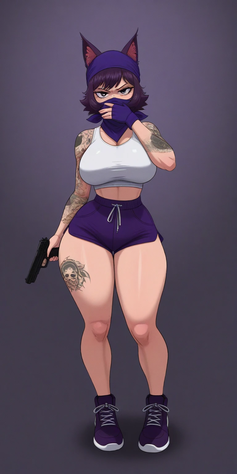 ((best quality)), ((masterpiece)), (detailed), perfect face, 1girl, thick body, japanese-Indonesian goddess ,high resolution , high quality , slightly fat round belly, thick thighs, polite t-shirt covered her belly , wearing a thight skirt , wearing nike sneakers , in the dark room, standing pose,  thick massive arm, thick thighs , wavy blue medium short hair Color, wearing many gold bracelet , wearing huge diamond necklace , full body view, red robe, glasses , thick neck,  Cold blue hue, high dehaze, korean Goddess , thick cheeks , big breast 