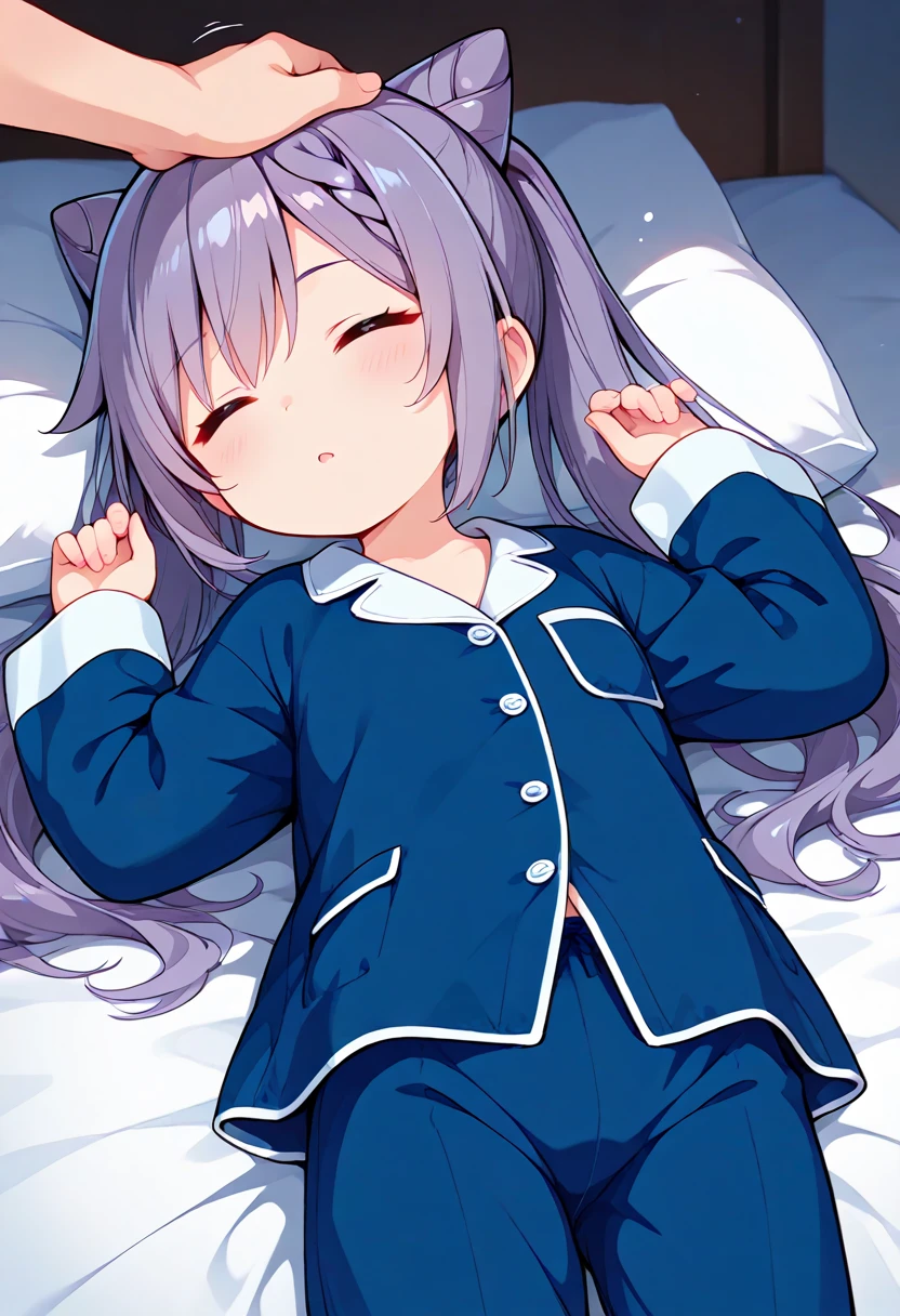 （masterpiece：1.2，high quality），8K，High resolution，A seven-year-old girl，cute girl，white hair，long hair，Sleeping，heart ahoge，cat ears，laughing，skin fang，Wear a white hoodie，no shorts，Strawberry pattern panties，Lying in bed，There are flowering trees on both sides.，primary school student，thigh，Calf，Blue socks，cat tail，alone，Put your hands in your pockets