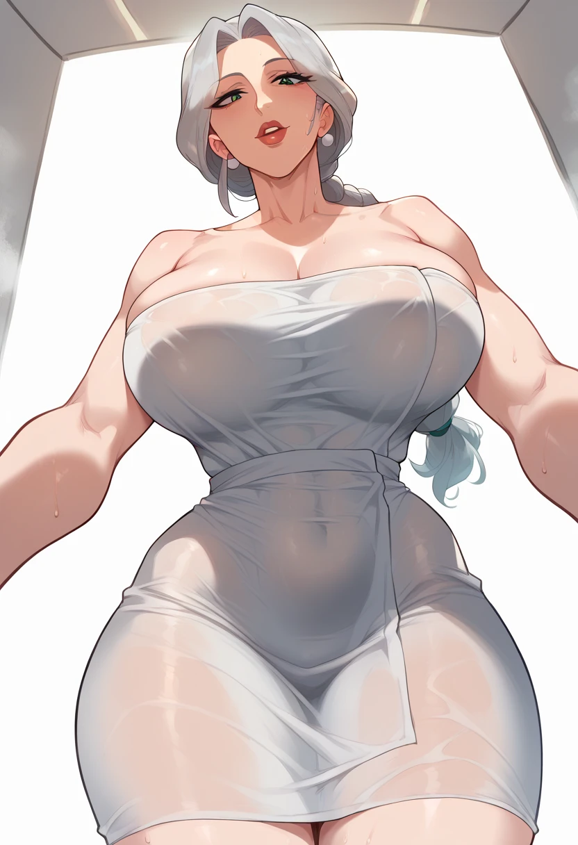 nakiri_alice, large_breast, standing, solo, long wet dress , clothes off, bare shoulders, masterpiece, best quality, detailed face, detailed eyes, highres, full body, sweating, exhausted, angry face,hot pose