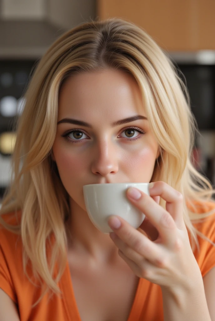 Cute beautiful blonde with yellow sweater (Drinking coffee in a modern café at sunset), sehr detailliert, 14 Jahre alt, unschuldiges Gesicht, naturally wavy hair, blaue Augen, high-res, Meisterwerk, best qulaity, komplizierte Details, sehr detailliert, scharf Fokus, detaillierte Haut, realistische Hauttextur, Textur, detaillierte Augen, professionell, 4k, charming smile, aufgenommen mit Canon, 85 mm, light depth of field, Kodak Vision-Farbe, perfectly fitting body, extrem detailliert, Foto_\(ultra\), fotorealistisch, realistisch, Nachbearbeitung, maximale Details, Rauheit, echtes Leben, ultrarealistisch, Fotorealismus, Fotografie, 8k uhd, Fotografie