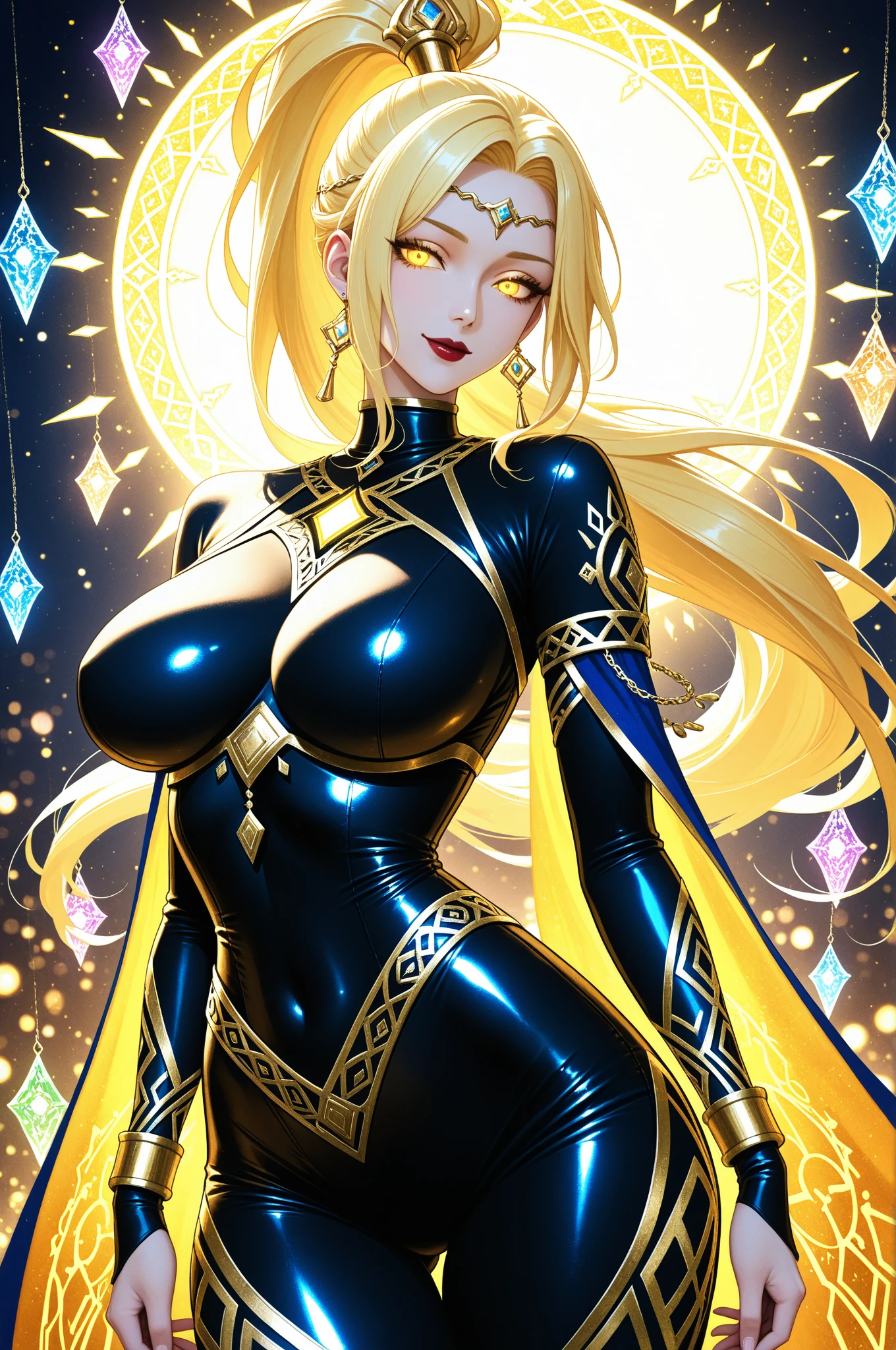 (Art: 1.2), (best quality: 1.2) 1 woman, mature, tall (1.85), She appeared to be around 28 years old, had long golden hair, straight and shiny hair, blood red eyes, extremely detailed, perfect eyes , extremely realistic eyes, well-aligned eyes, long eyelashes, anime style, perfect face, milf face, full lips, smiling, mature, clear dark skin, natural body, sexy body, MILF body, dark skin, hands on waist, perfect hands, detailed hands, hands well proportioned to the body, realistic hands, arms with good anatomy, she wore an immortal egyptian oriental style golden dress, the dress still couldn't hide her extremely large and huge breasts that were hanging down due to her size, she also wears an egyptian ornate thick thighs, wide hips, Looking at the viewer, background scenery, scenery at a egyptian viewpoint on the edge of the NIle, in the background posing the setting sun, alone Looking at the viewer, the breast are flopping out of the dress, she smiles
