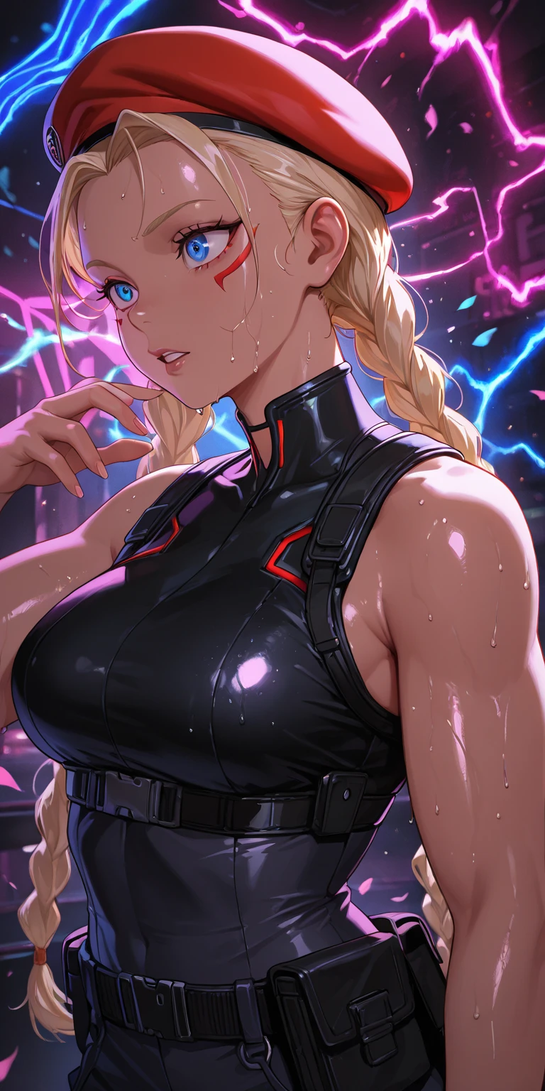 masterpiece, extremely detailed, (fractal art: 1.3), highest detailed, (1girl) (upper body Integra Hellsing cross bet blindfold) focus, upper body, HDR, ), vivid visual effects, (dynamic stripes, luminous traces: 1.2), abs, muscular, ass, ass focus. looking at viewer, sitting at a office table, office, dominant, annoyed expression, frustrated, sitting, huge breasts, boob window, big knockers, detailed face, perfect face, wearing overall jumpsuit, overall jumpsuit showing shaved armpits