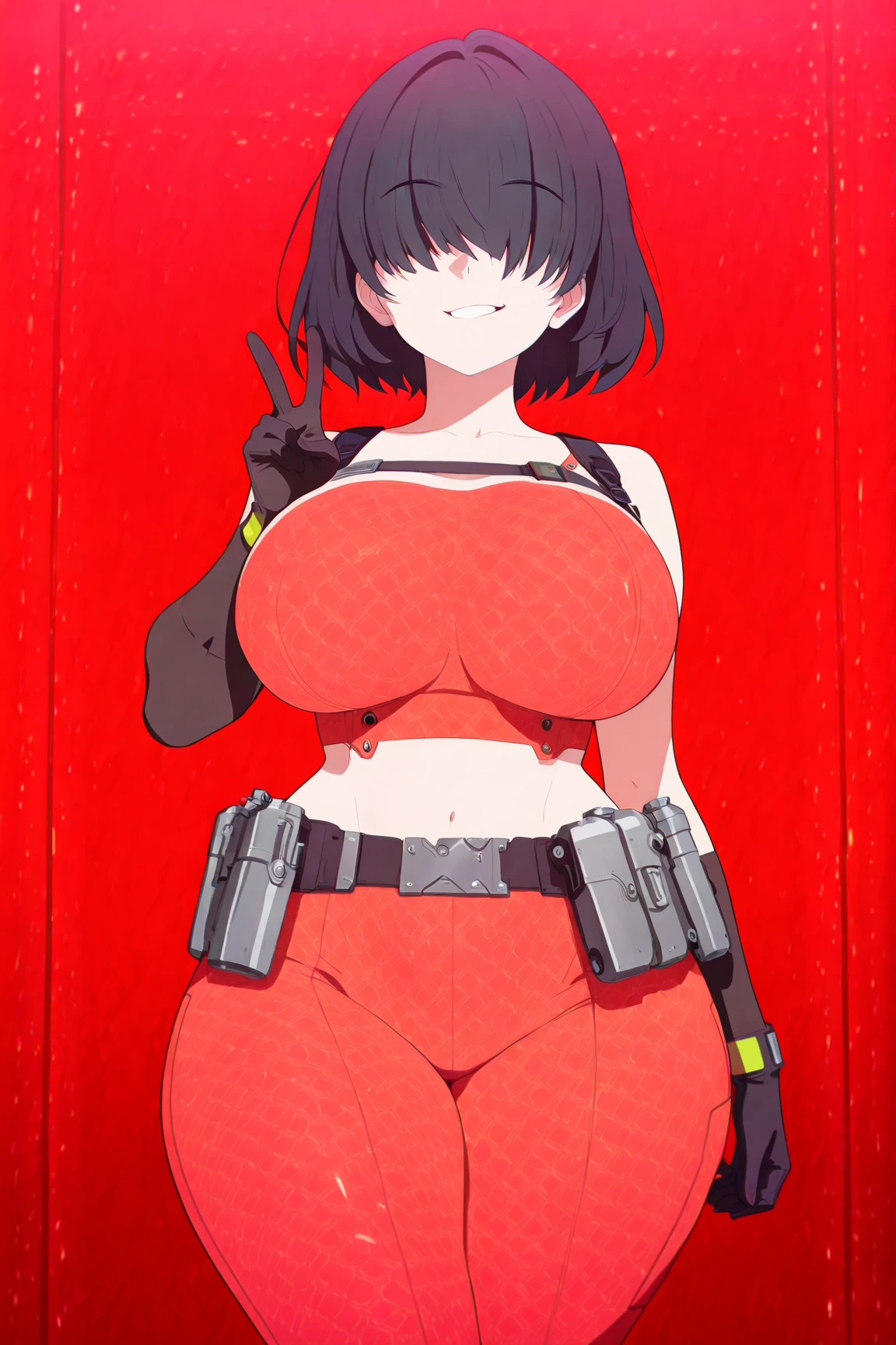 {{1 woman},{{{{{masutepiece++, Best Quality++, Ultra-detailed+, 超A high resolution,(Photorealistic:1.4)Cowboy Shot,Yol Forger, (spy x family)Raw photo,(Yol Forger)+,(Yol Forger)+, (spy x family) deadpan, Black hair, Red Eyes ,鎖骨, side locks, white hairband, earrings, Short hair((black doll suit girl 1.6)),very aesthetic, Best Quality, absurderes, 1girl in, Brainwashed,}}}} Empty eyes,(eyes glowing red :1.4)), ((Colossal tits：1.1))、(The shape of the pubic area is clearly visible)) Cyberpunk, Dark Lab, darkened room,(Neon light:1.2), (Night:1.5), (Stand up and raise your right arm in salute, Left hand on hip)