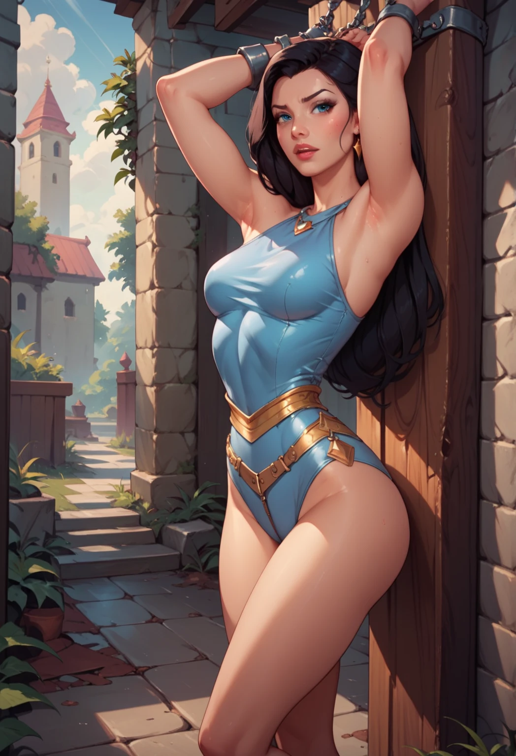 masterpiece, best quality, high quality, (perfect lighting), (photorealistic), perfect anatomy, perfect face, perfect eyes, bulmadbzreddress, aquamarine hair, medium hair, blue eyes, earrings, red dress, blue sky, clouds, on a cliff looking at a city, (BishoujoMom: 1.5), very tight red dress, huge breasts, cleavage, ((thick thighs, hourglass figure)), thick lips, red lips, cyan eyes, realistic, realism, photorealism, high contrast, photorealistic digital art,8k HD, detailed, textures, hyper detailed, ultra high resolution, raw photo, rich colors, hyper-realistic, hard lighting, unreal Engine, tiny waist small waist little waist thin waist narrow waist cinched waist wasp waist.