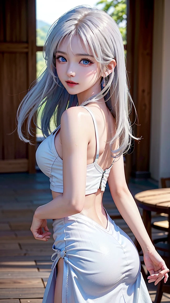 ((masterpiece)), (high quality), full body, a girl with platinum hair, curly hair, double braids, seductive expression, very short t-shirt, white translucent t-shirt, t-shirt without prints, wet t-shirt, translucent fabric, part of visible underside of the breast, noticeable nipples, visible belly, very short black miniskirt, open on the side. one knee up, standing, arms wide open, hands above the head. leaning against the wall.