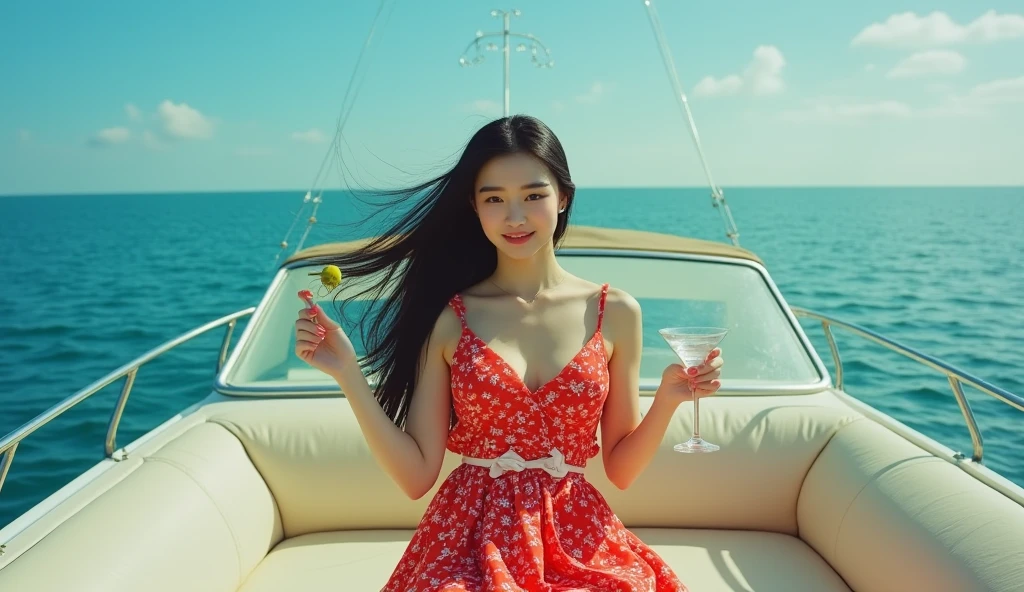 beautiful, Hot Girls, Red dress, holding a wine glass, Black Hair, Long Hair, hot, Shirtless Boy, Pier with yachts in the background