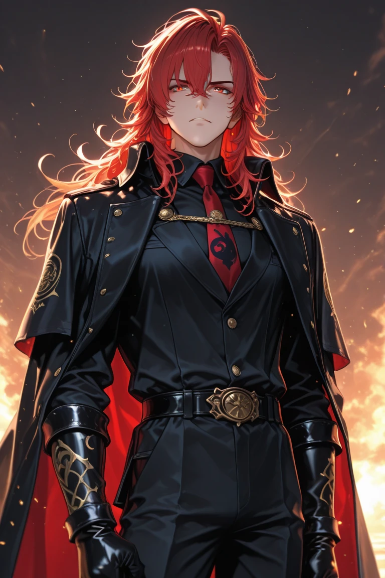 masterpiece, best quality,diluc (genshin impact), 1boy, red hair, male focus, long hair, gloves, red eyes, solo, weapon, sword, vision (genshin impact), black background, bangs, shirt, fire, long sleeves, pants, black gloves, ponytail, jacket, black pants, hair between eyes, belt, holding weapon, closed mouth