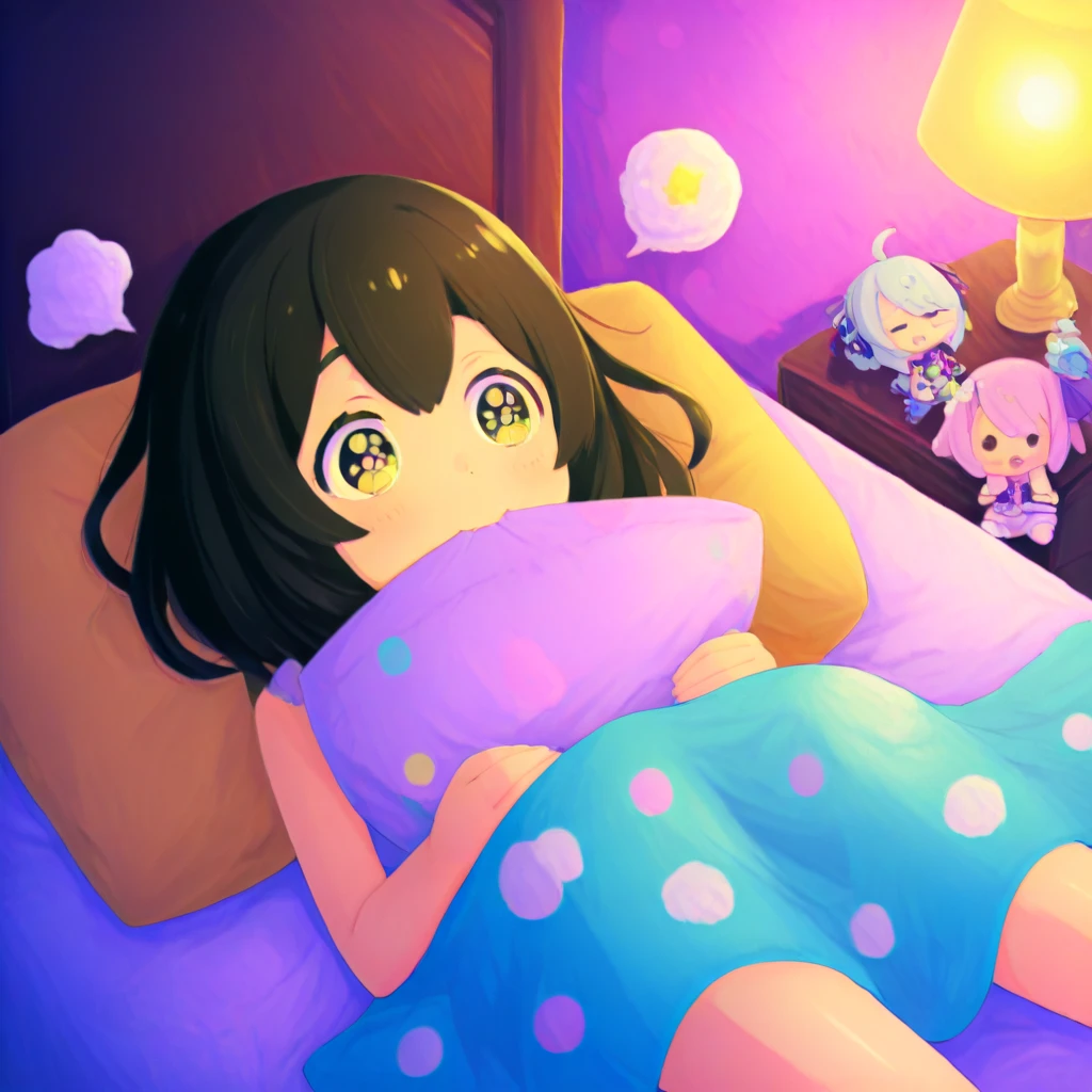 masutepiece, Best Quality, 1 girl, Solo, effect, Dark background, Sleeping in bed with a happy face