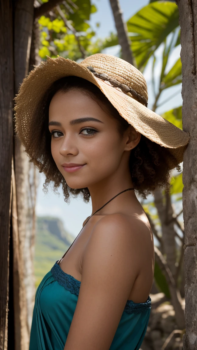 The image features a woman positioned directly facing the camera, providing a symmetrical composition. She is wearing a wide-brimmed hat and a yellow dress adorned with a floral pattern. The woman exhibits a relaxed demeanor, indicated by the slight smile and the soft gaze in her eyes. Her dark hair cascades over her shoulders, contrasting with the solid green background behind her. The simplicity of the background ensures that the viewer's attention remains on the woman. The lighting is soft and even, highlighting her features without creating harsh shadows, and her skin tone suggests she may be of Hispanic or multiracial ethnicity. The overall mood of the image is serene and approachable.