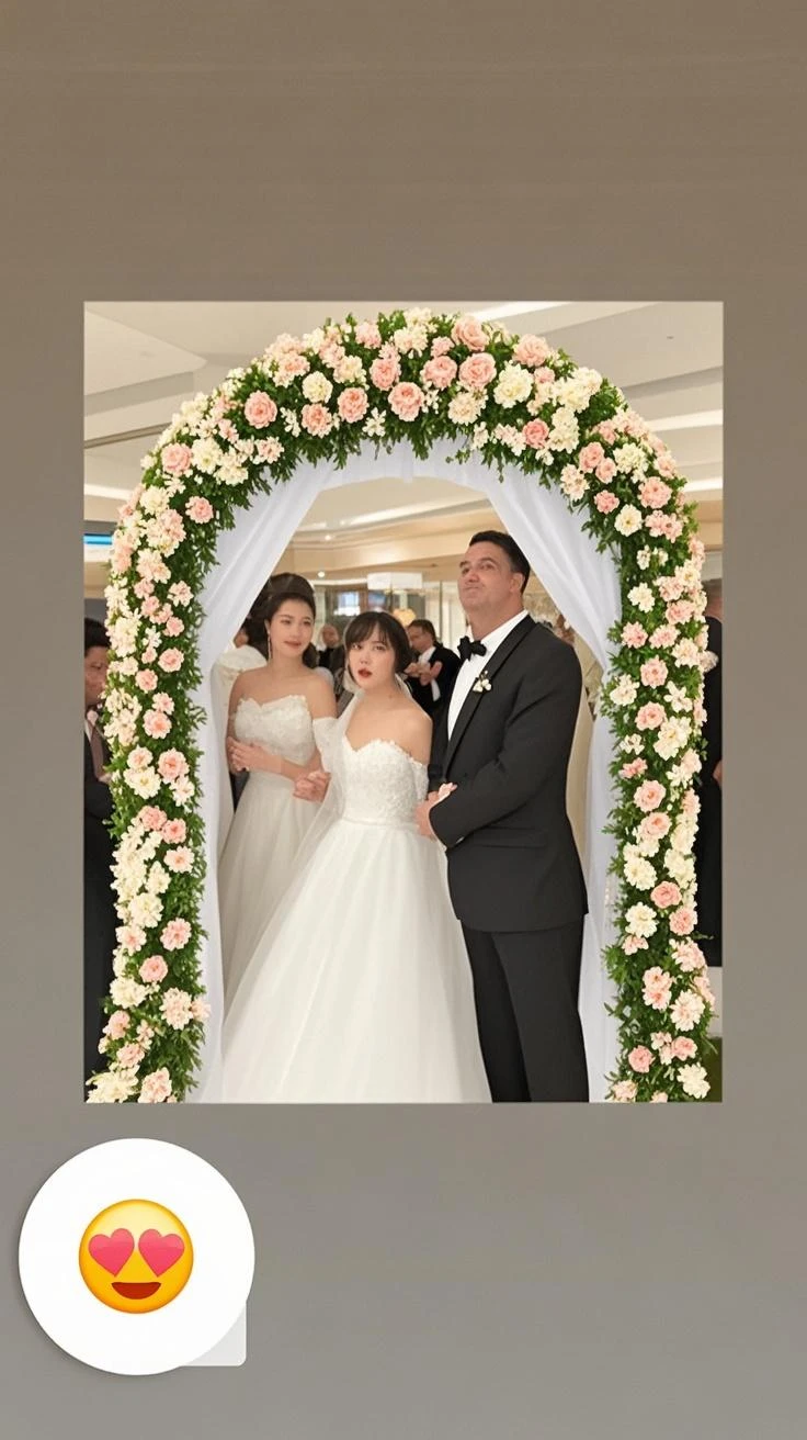 Bride and groom only, Bride in front of the flower wall, scene, wedding, attractive, Sharp, 8k, bride and groom,