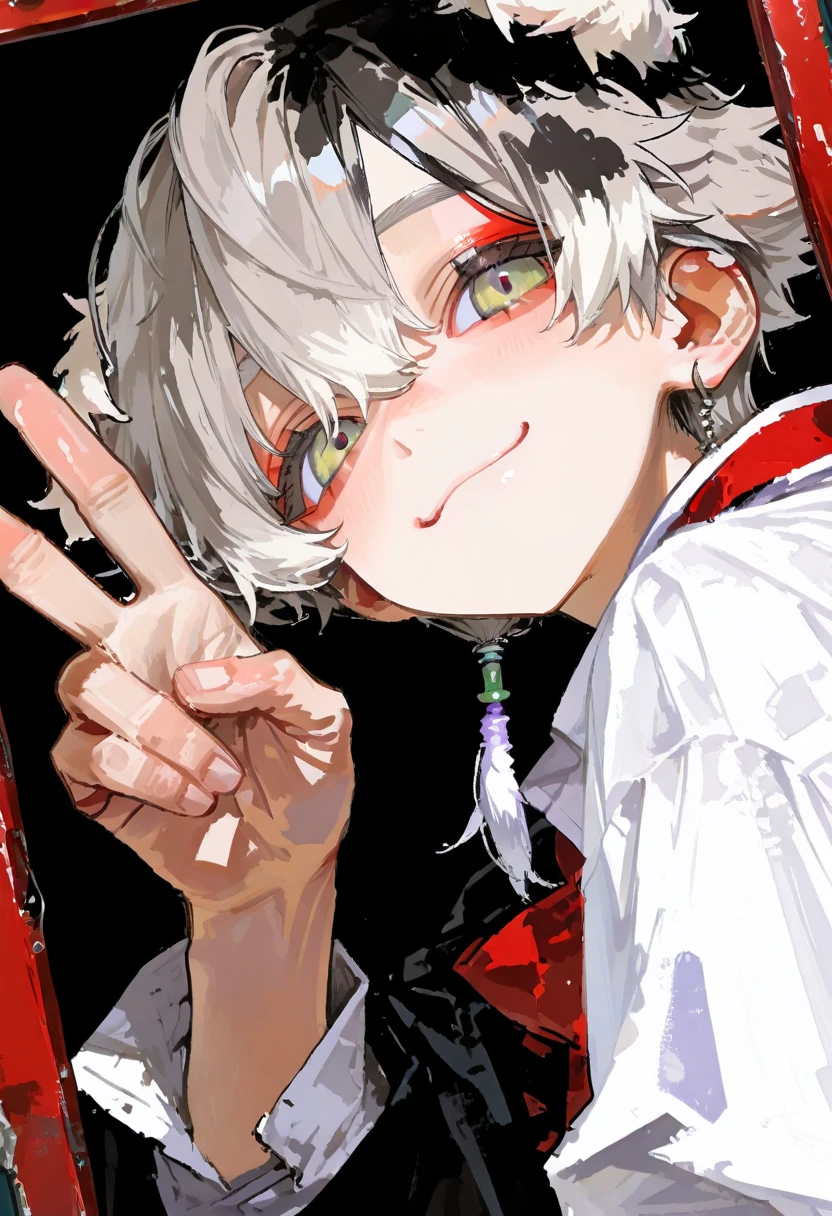 1man, gojo satoru in anime jujutsu kaisen, short hair , white hair, blue eyes,blood in eyes, beautiful eyes, handsome, smile, black clothes, realistic clothes, detail clothes, city background, ultra detail, realistic