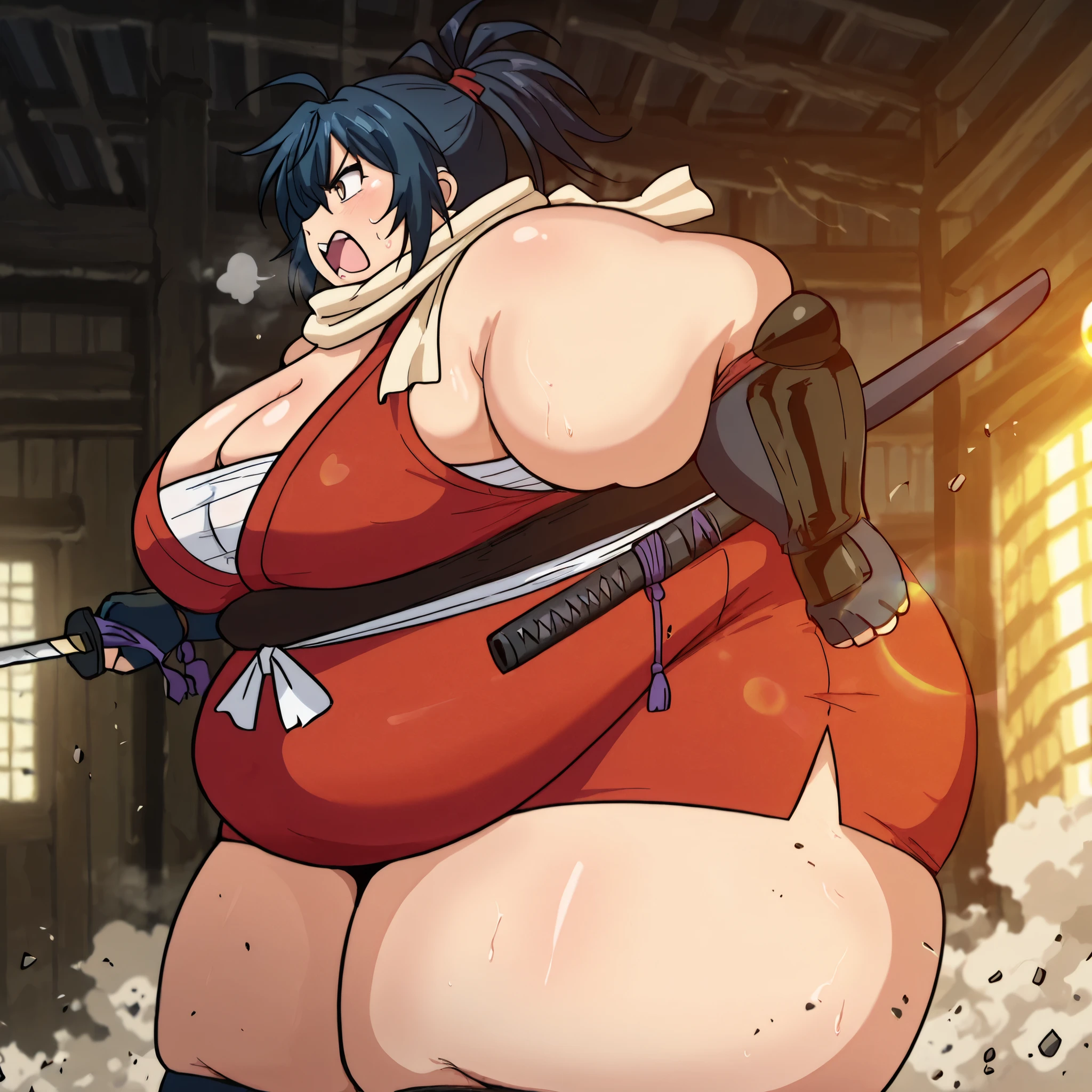masterpiece, best quality, indoors, cinematic lighting, lens flare, flying debris, dust, smoke, amazing quality, very aesthetic, absurdres, best quality, newest, year 2023, Manyuu Chifusa, Main Outfit, solo, weapon, outdoors, sword, sheath, nature, angry, frown eyes, huge breasts, fat, chubby, obese, gigantic arms and legs, large breasts open mouth, out of breath, from side, side view,