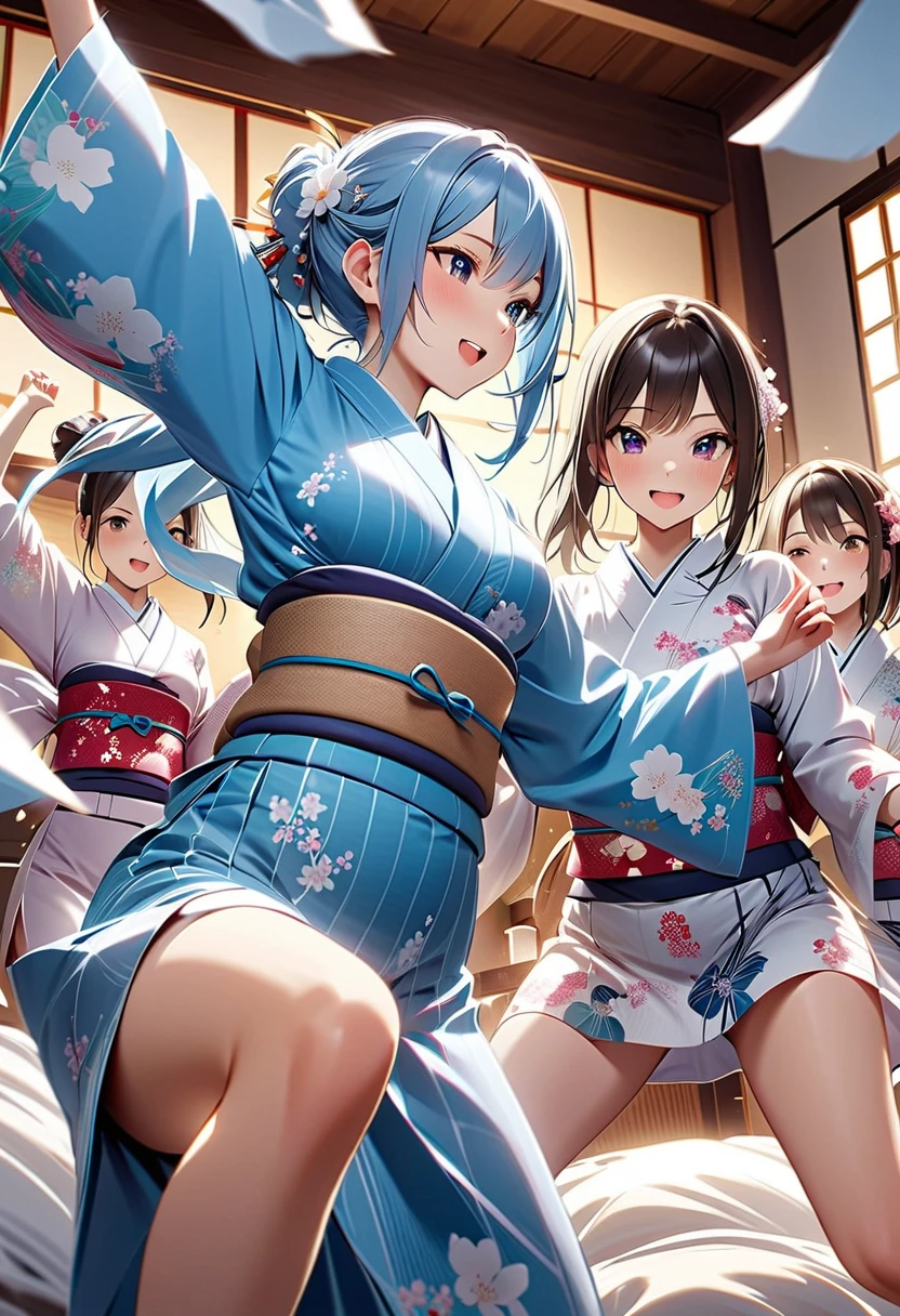 ((masterpiece、Highest quality、Detailed illustrations))、Idol Concert、Japanese-style concert stage、(全裸のcute女の子5人以上、sing、dance、smile、Ribbon headband、Japanese style kunoichi costume:1.3 )、((Pussy、cute))、Exposing the breasts、Hair of different colors、Mr.々Hair style、The overall scene should be vibrant and attractive.、(Sweat a lot、Glowing Skin)、Anime key visual, ((The characters are unique))