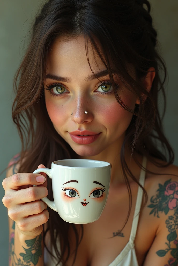 Pastel, pixar, 8K, altamente detalhado, foto de rosto, cabelos pretos na altura da orelha boca fechada, rosto de 1 garota, foco no rosto, sorrindo, looking-into-camera, holding a cup of coffee, with white black polka dot robe and pajamas underneath