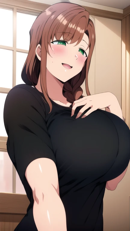 master-piece, bestquality, 1girls,16 years old, View viewers from front, HD, slight smile, massive tits, cleavage, under , tights cloth, , tiny body, under tits cleavage, look down, stand up, wide hips, mimosa vermillion, brown hair, (green eyes:1.5), blunt bangs, bangs, medium hair, wavy hair, on her kneel, wear glasses, open mouth,