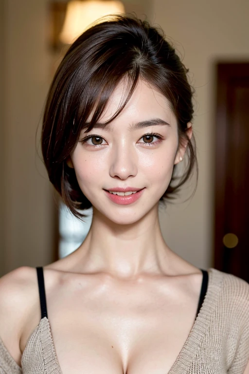 One Girl, Small breasts,, (8k, RAWphotograph, Highest quality, masterpiece:1.2),(Realistic, photo-Realistic:1.37),shape,Very delicate and beautiful,perfect female 体,Very detailed,photograph,8k,wonderful,In detail,Beautiful details,Highest quality,Ultra-high resolution,((Very detailed face)),(photo-Realistic:1.37),Looking into the camera、((Front of the body))、((Beautiful neckline))、((Tube top))、(((short hair)))、((smile))、(((short hair)))、((right eye:Mole on the corner of the eye))、Teeth are coming out